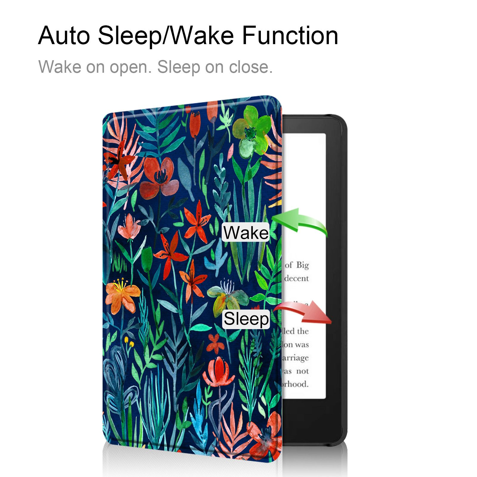 Florale Handyhülle auf einem Tablet, mit Text, der die Auto-Sleep-Funktion beschreibt.