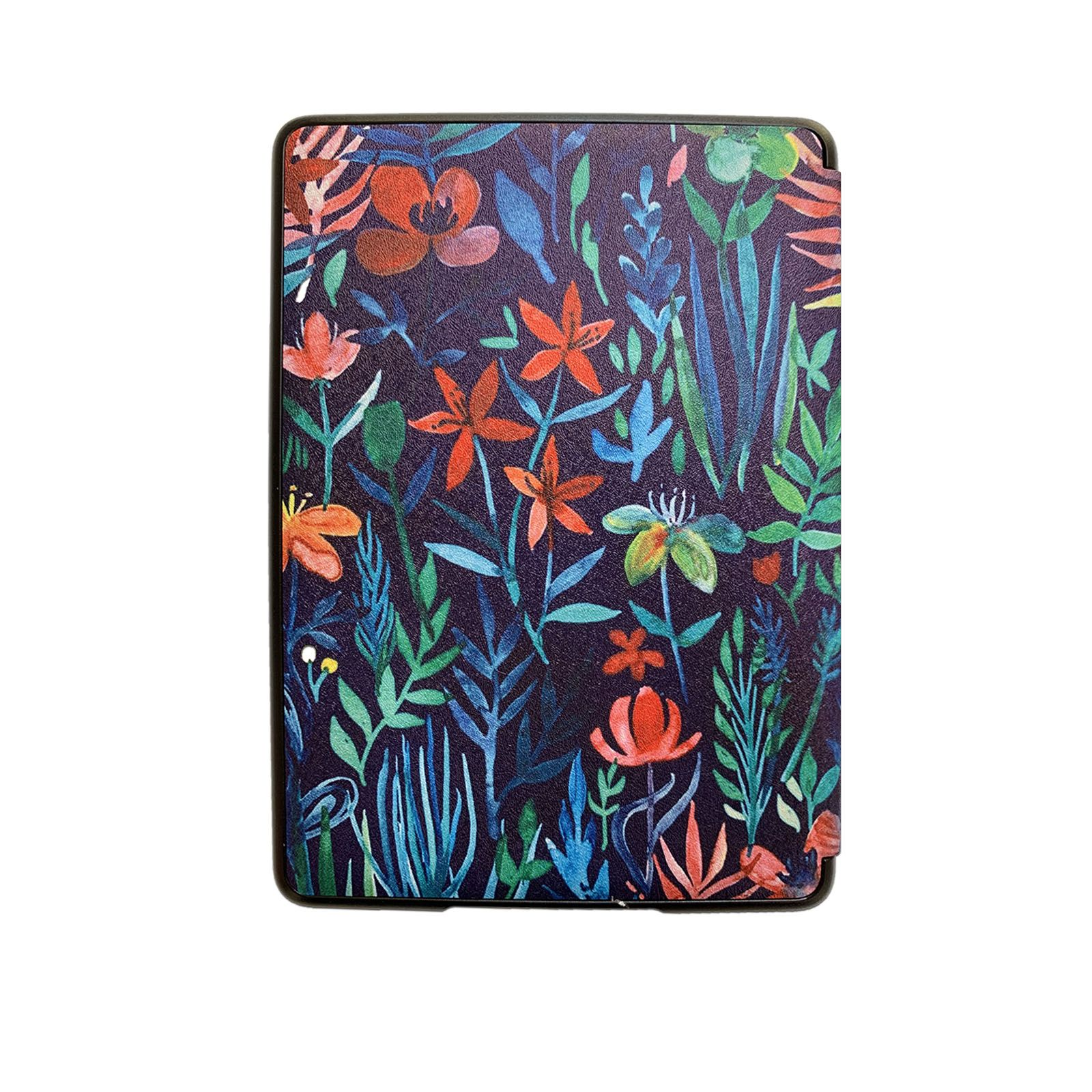 Tablet-Hülle mit floralem Design. Dunkelblauer Hintergrund mit roten, orangen und grünen Blumen.