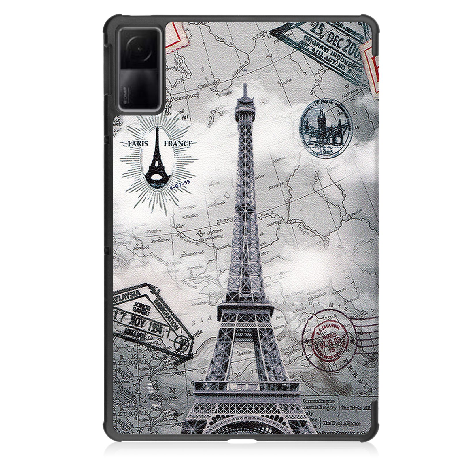 Tablet-Hülle mit Eiffelturm-Design. Der Hintergrund ist eine Karte mit Stempeln. Hülle hat schwarzen Rahmen.