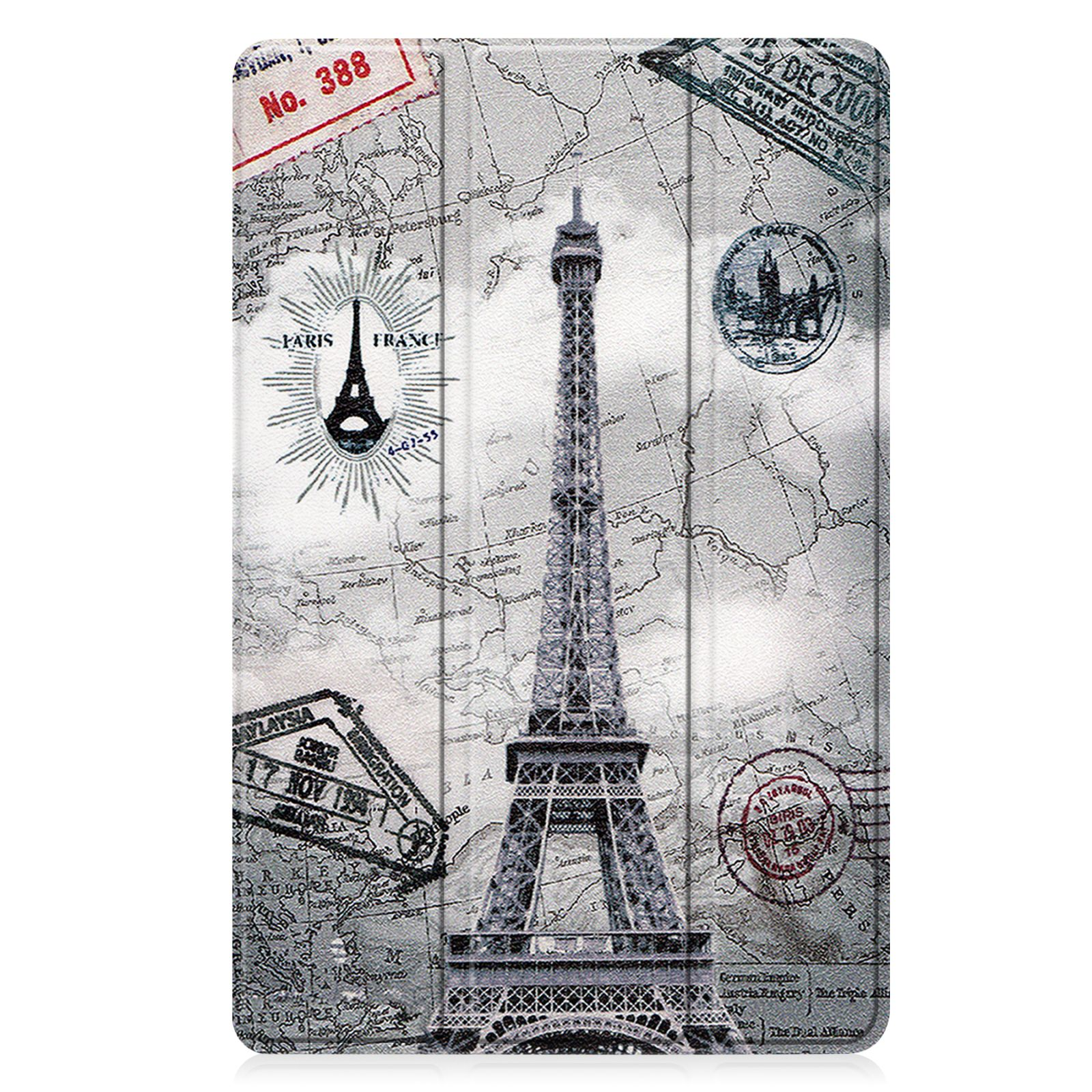 Tablet-Hülle mit Eiffelturm-Design, Karte und Stempeln. Weißer Hintergrund.