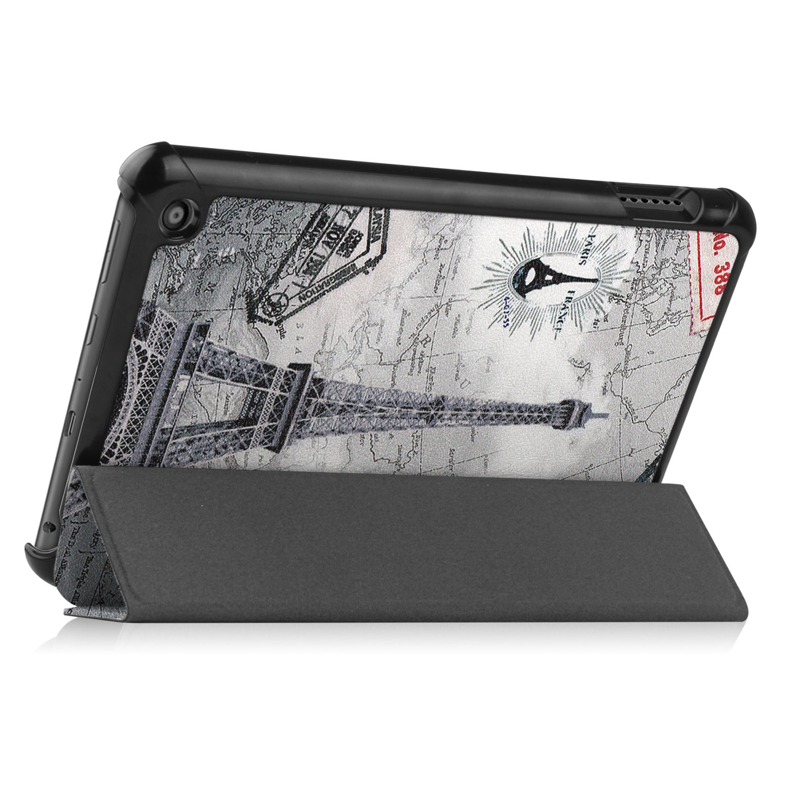 Tablet mit Hülle, die eine Karte von Paris und den Eiffelturm zeigt.