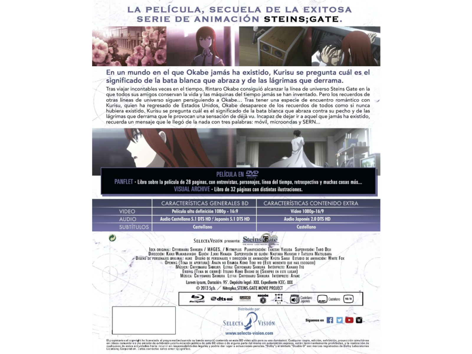 La contraportada de un DVD de 'Steins;Gate'. Texto e imágenes relacionados con la serie anime.