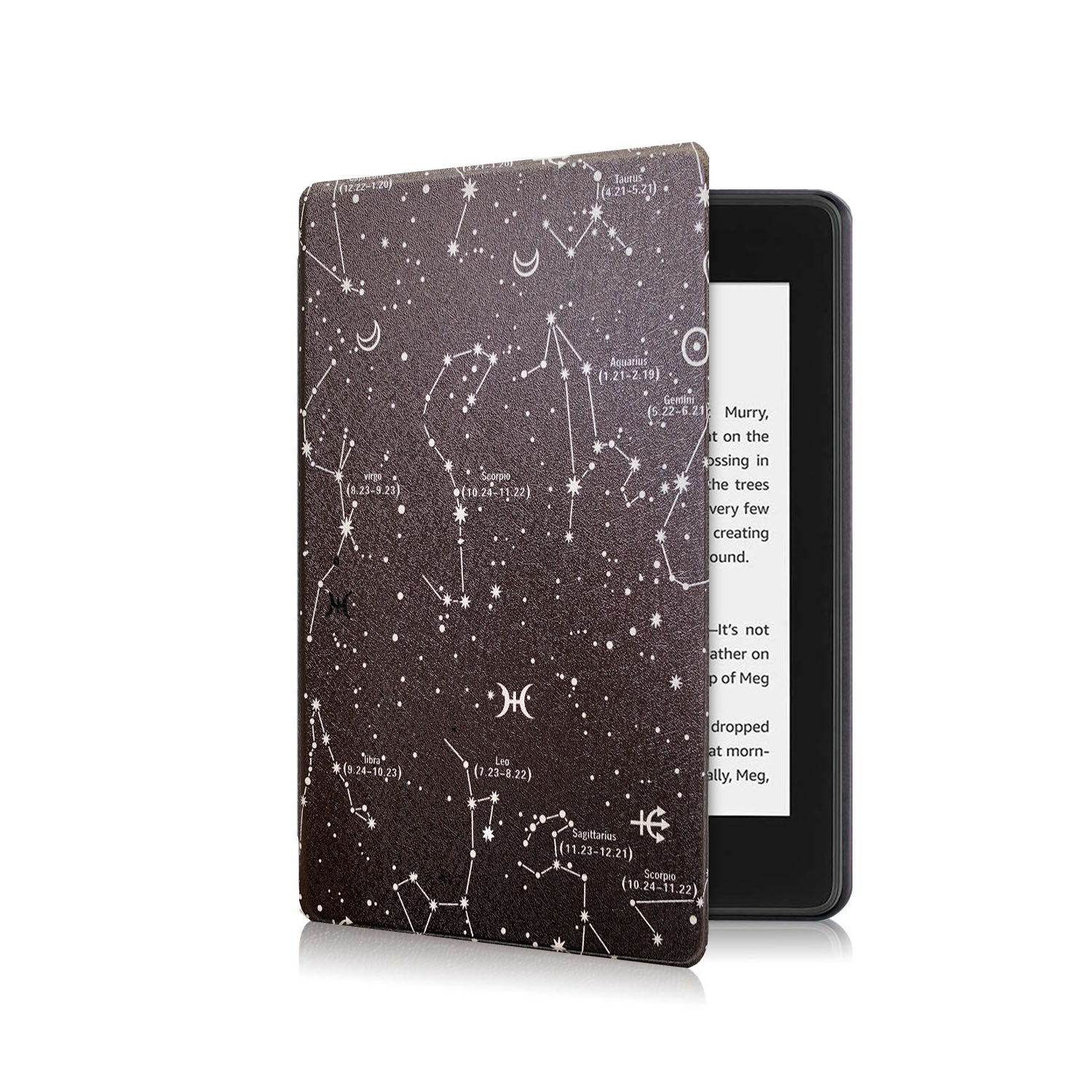 Kindle mit Hülle, die ein Sternbild-Design zeigt. Geöffnet mit Text.