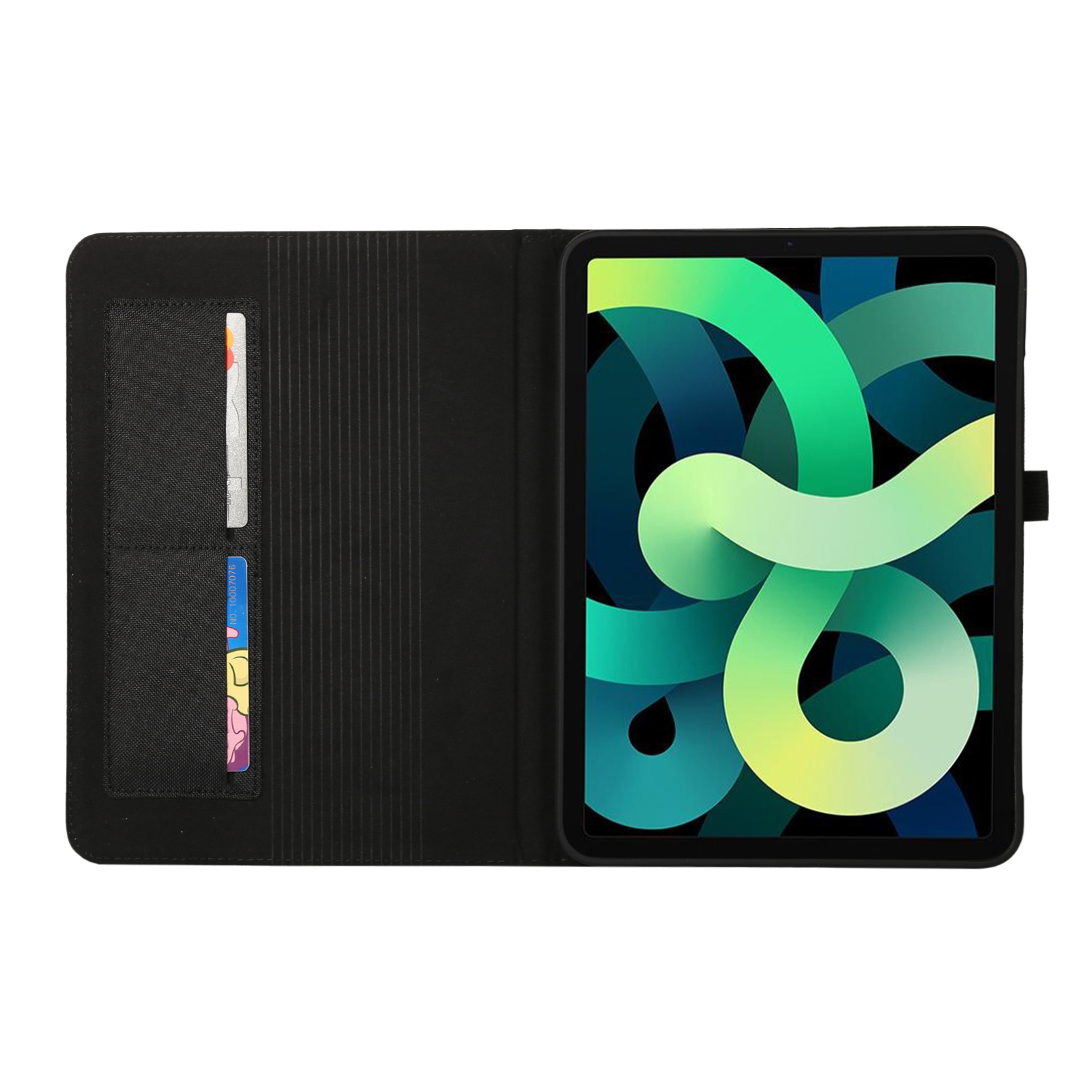 Schwarze Tablet-Hülle mit Karten, zeigt Bildschirm mit grünem und blauem Design.