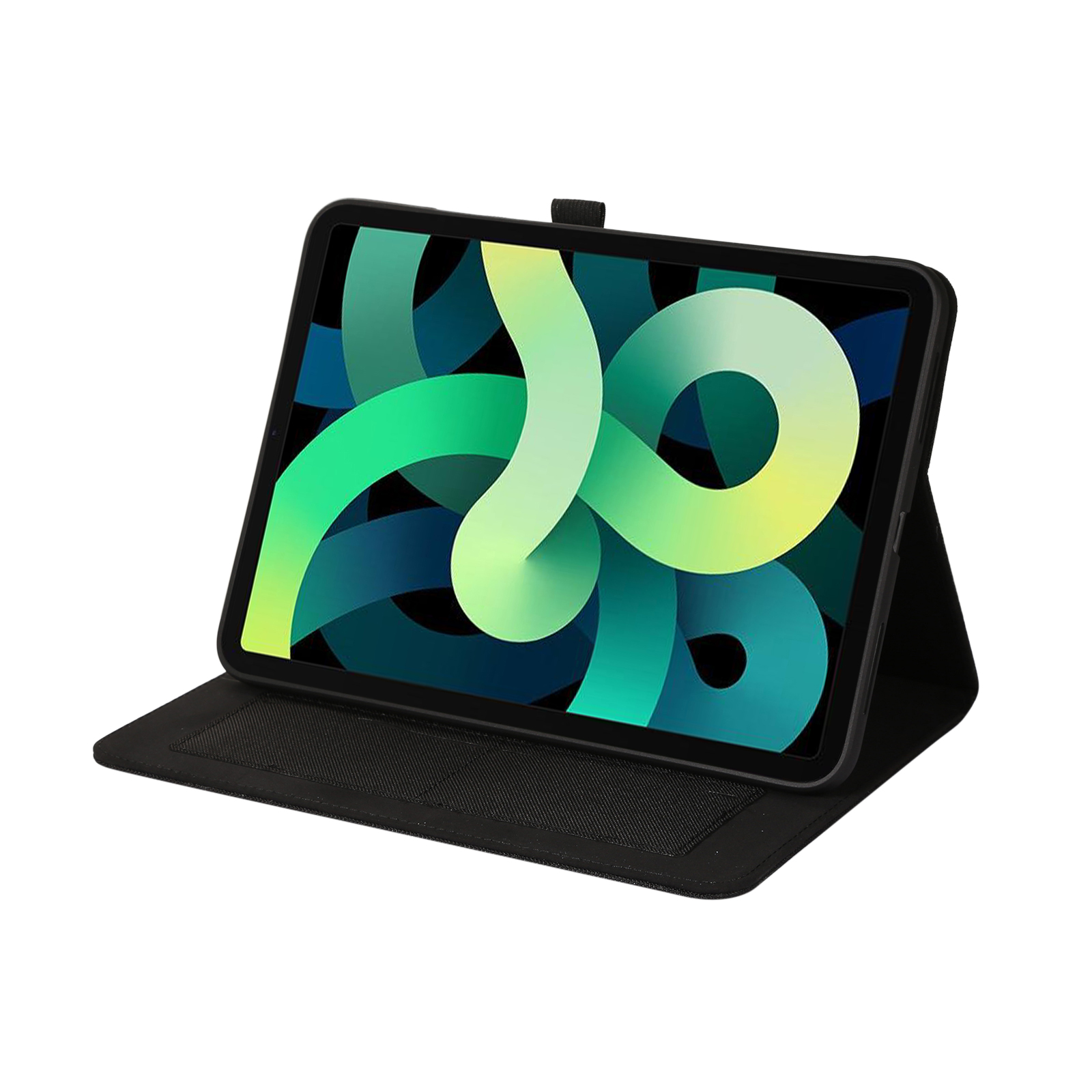 Ein schwarzes Tablet befindet sich in einer schwarzen Hülle. Der Bildschirm zeigt ein abstraktes Design in Grün und Gelb.
