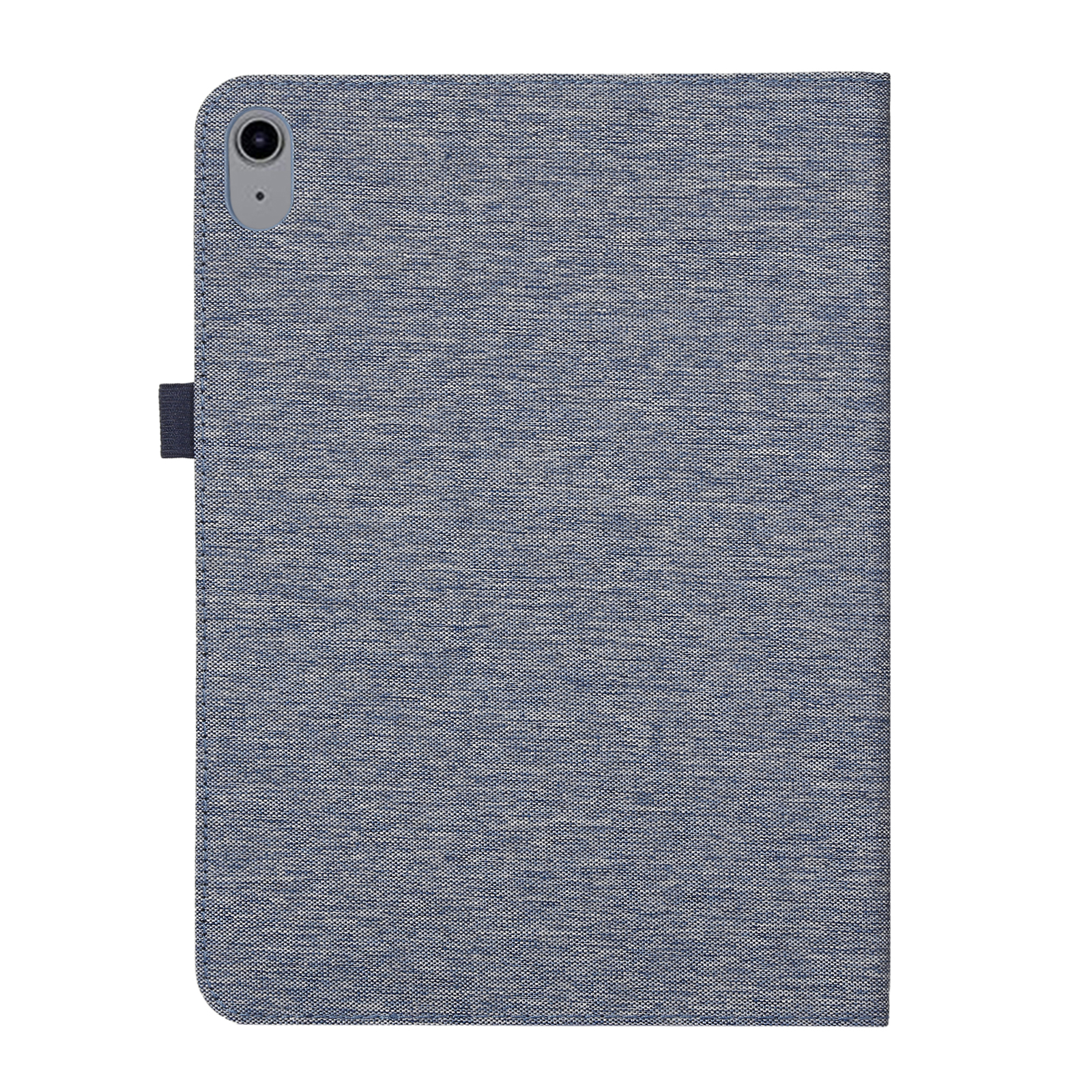 Tablethülle mit blauer Stoffstruktur und kleiner Lasche.