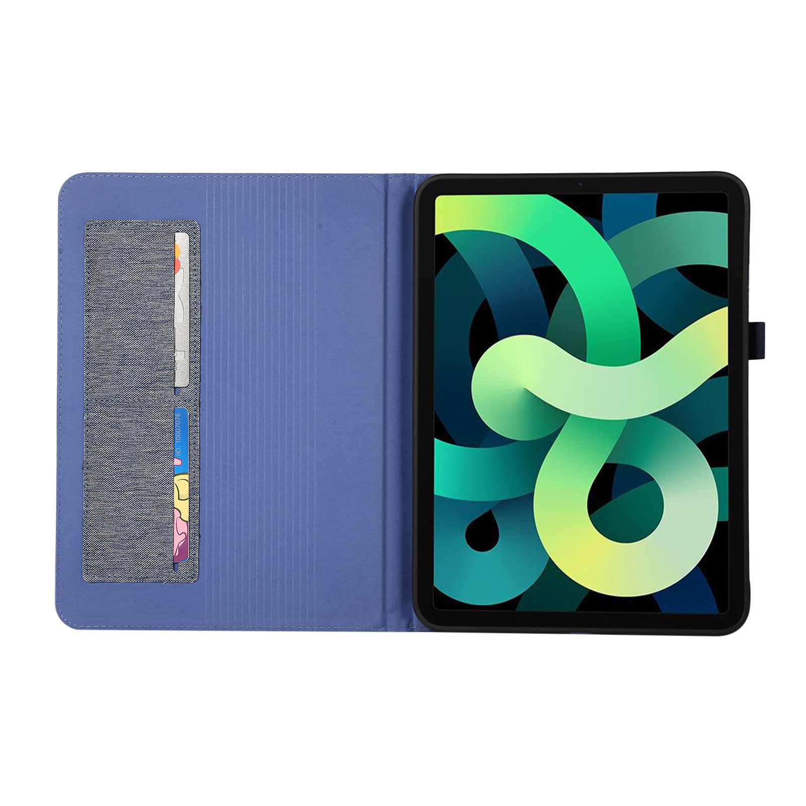 Tablet in einer blauen Hülle mit Kartenfächern.