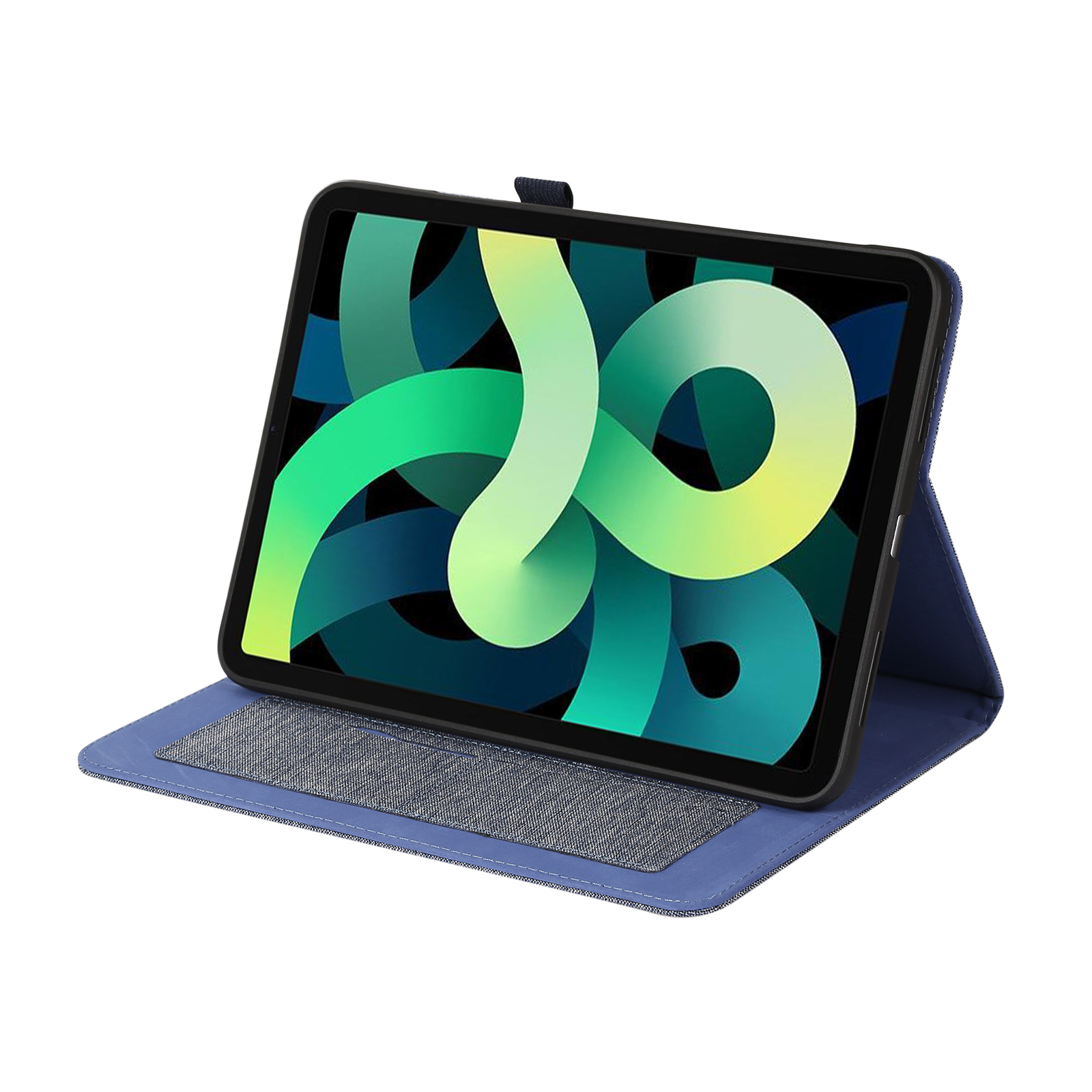 Ein Tablet in einer blauen Hülle. Das Tablet ist geöffnet und zeigt einen bunten Bildschirm. Die Hülle ist auf einer Oberfläche geöffnet.