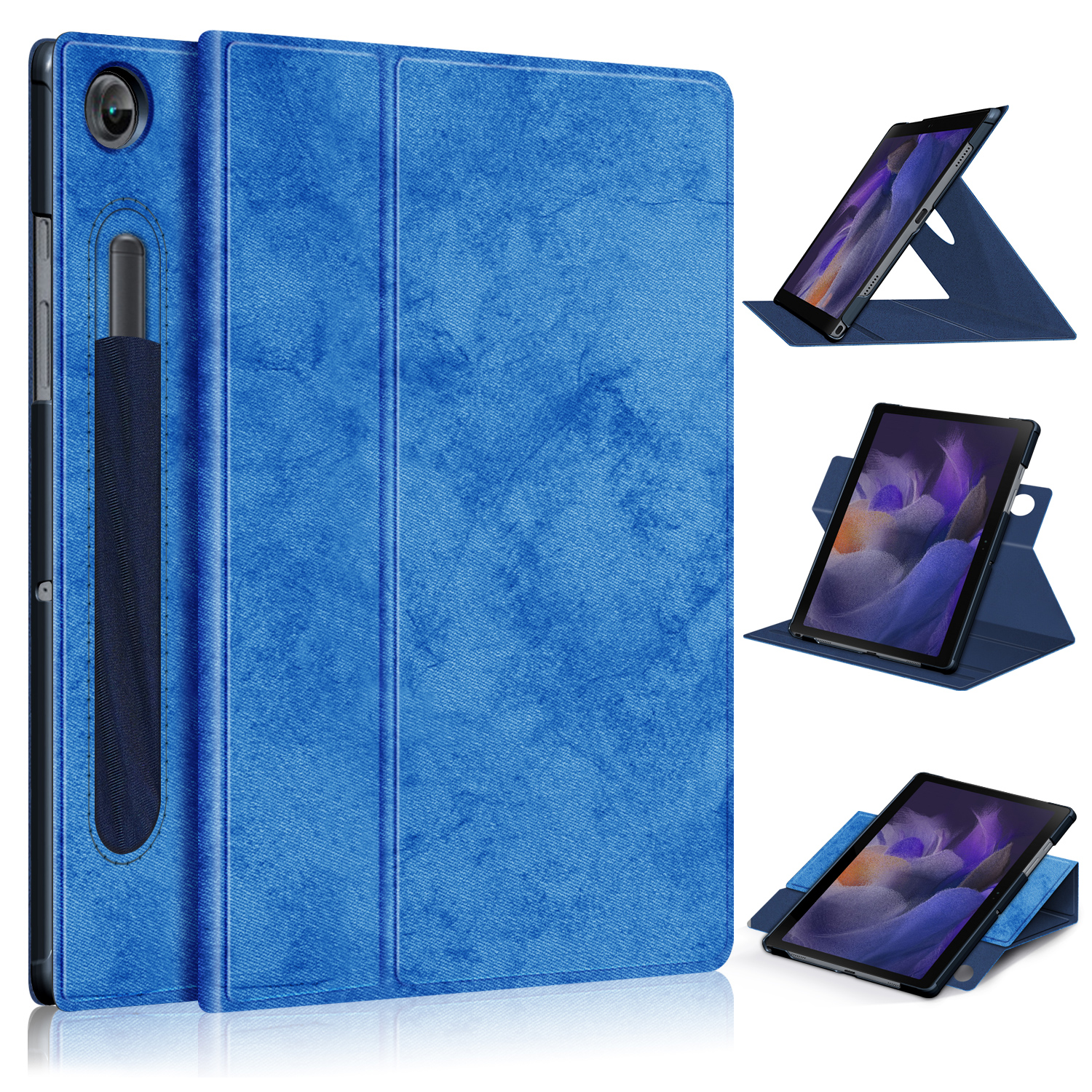 Blaue Tablethülle mit Stifthalter. Tablet in der Hülle, in verschiedenen Positionen gezeigt.