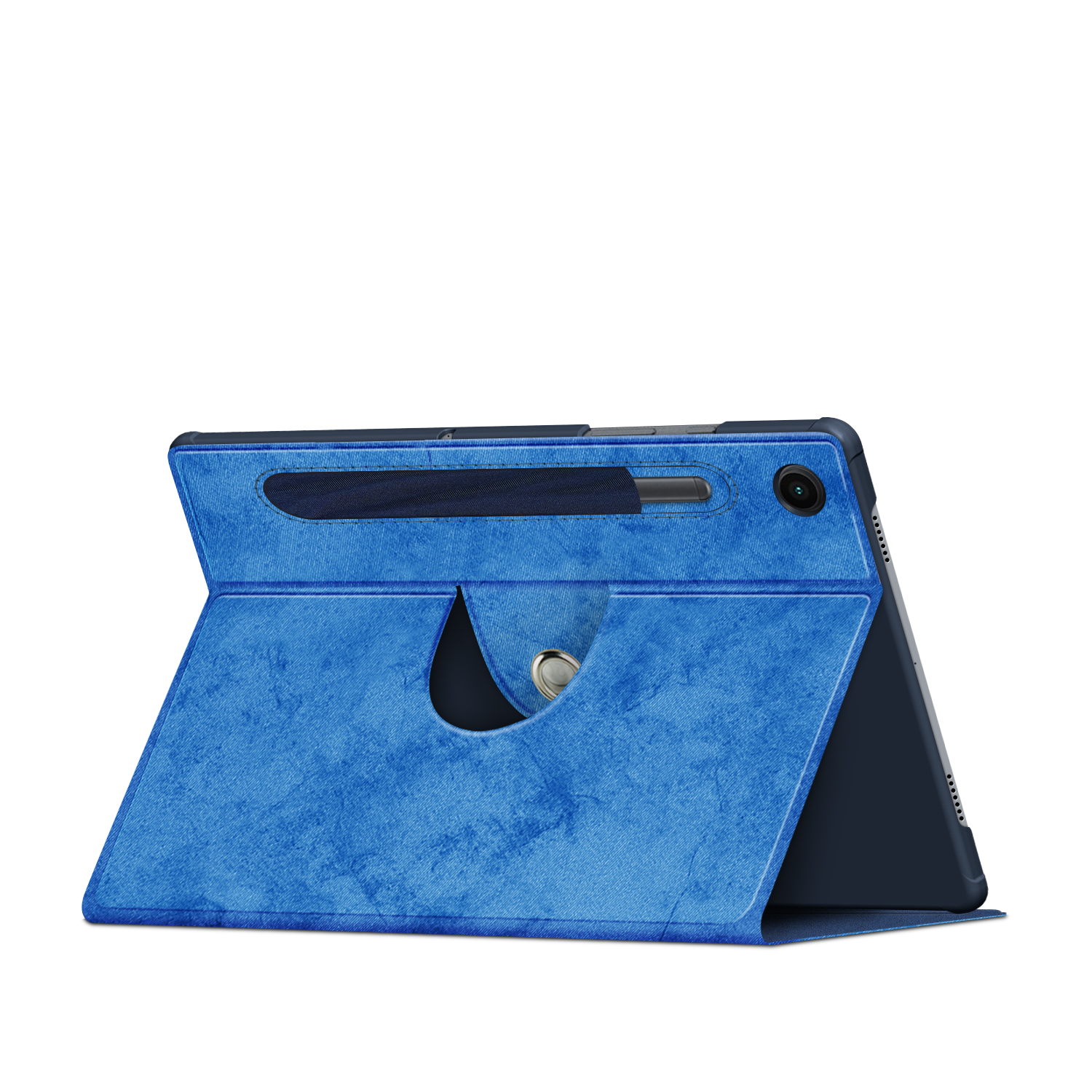 Blaue Tablet-Hülle mit Stiftschacht und Ständer.