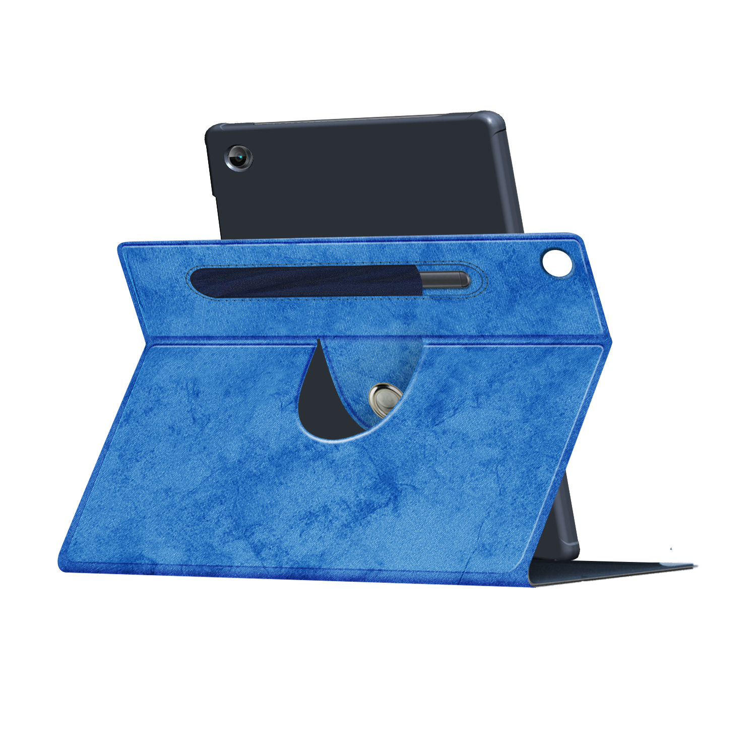 Eine blaue Tablethülle, die zusammengefaltet ist, um das Tablet aufzustellen. Ein Stift befindet sich in einer Schlaufe.