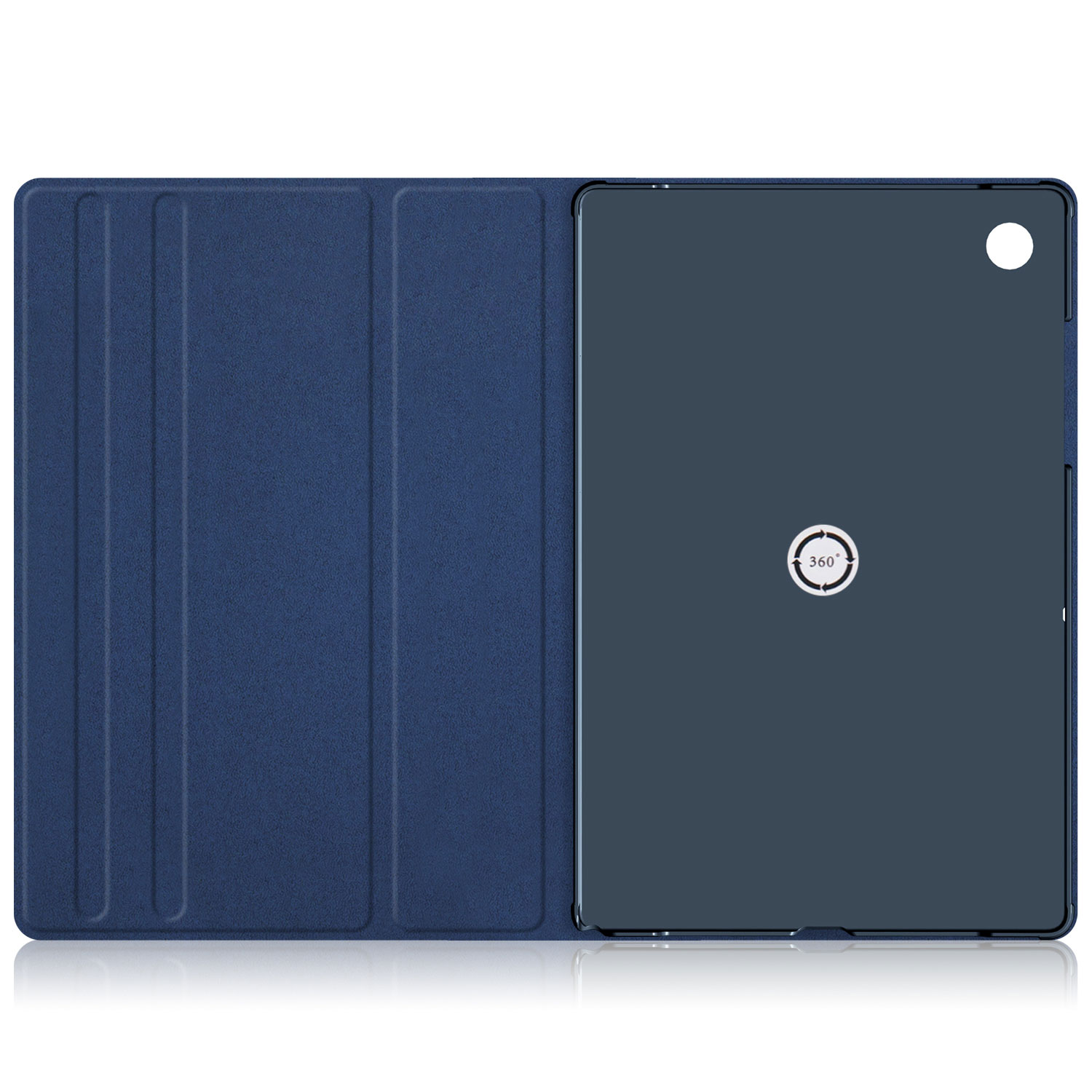 Blaue Tablethülle, offen. Das Tablet ist innen sichtbar. Die Hülle ist strukturiert und offen.