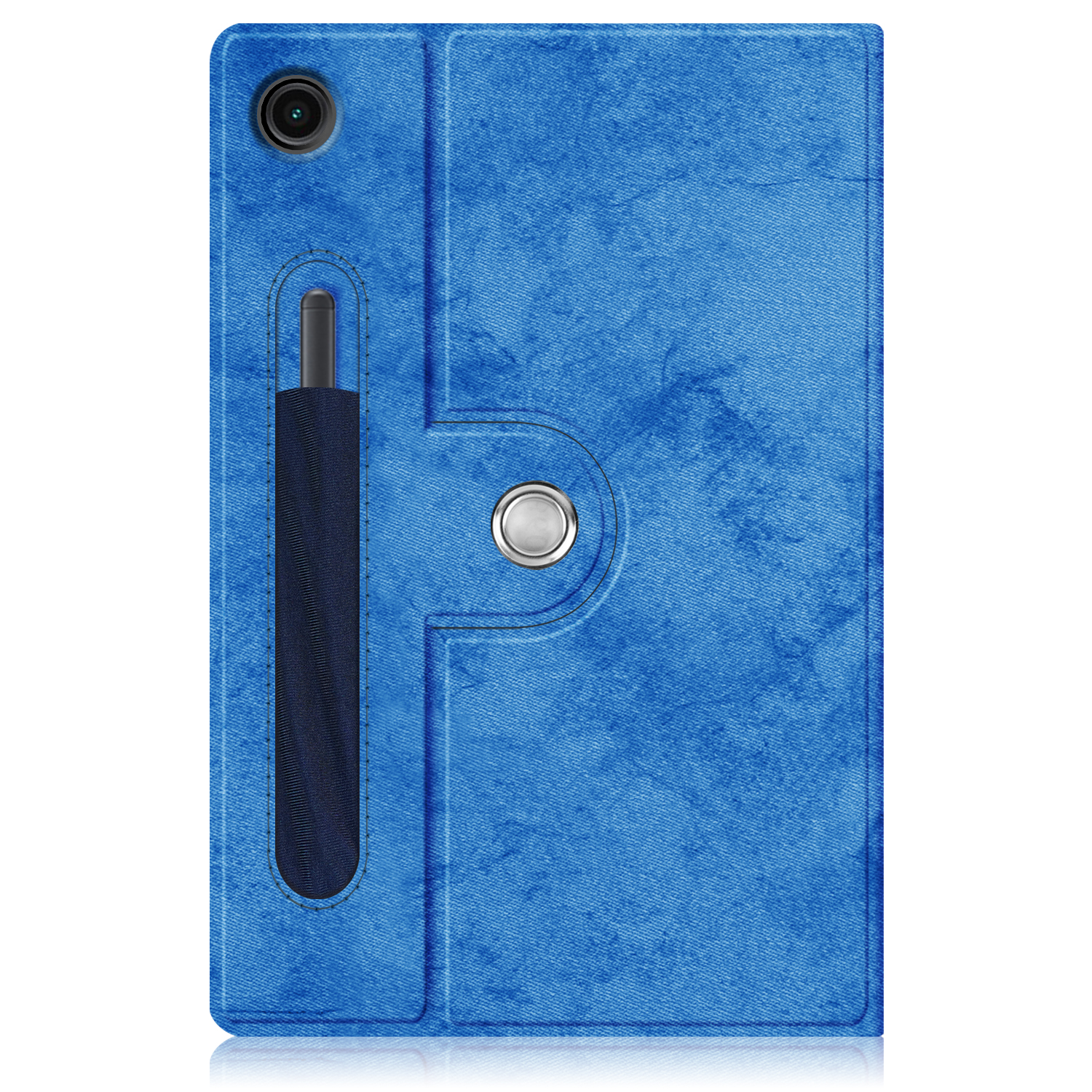 Blaue Tablet-Hülle mit Stiftschacht. Die Hülle ist geschlossen.