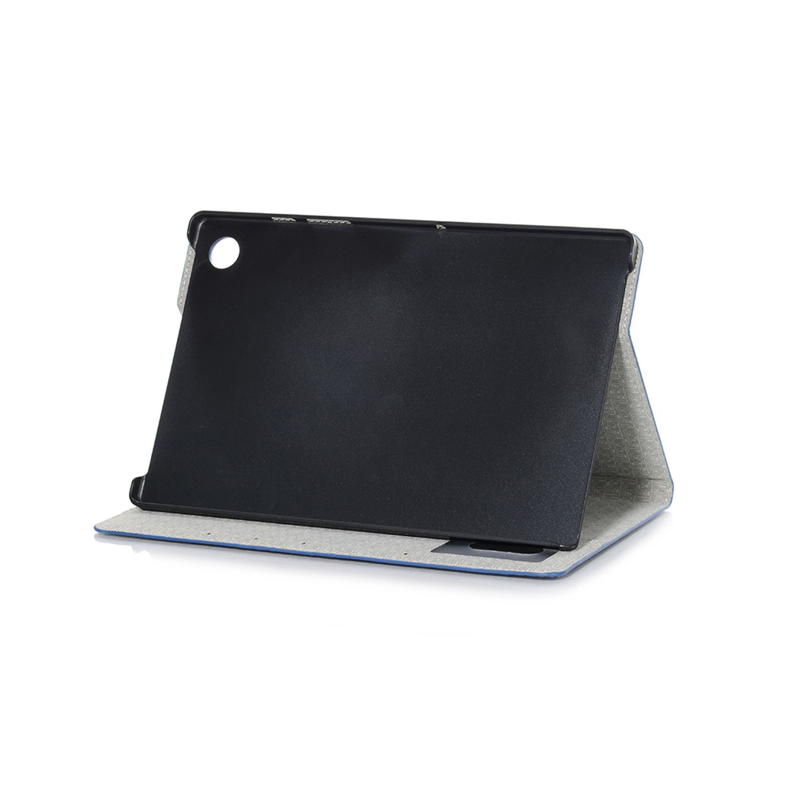 Tablet in einer Hülle, hochgestellt. Die Hülle ist blau und der Bildschirm des Tablets ist schwarz.