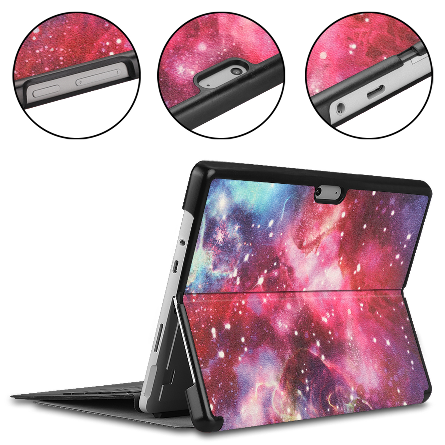 Tablethülle mit Galaxie-Design, Seitenansichten und Top-Details zeigend.