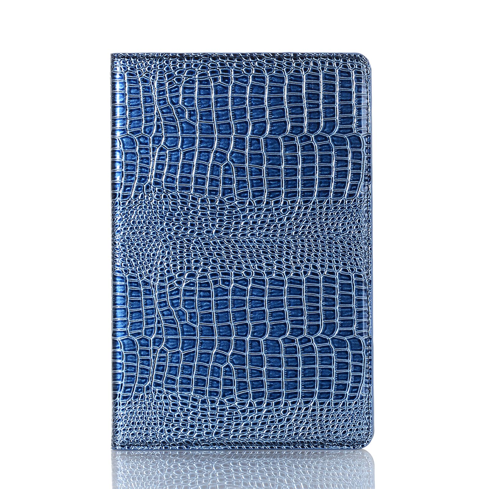 Blaues Lederetui mit Krokodiltextur, geschlossen.