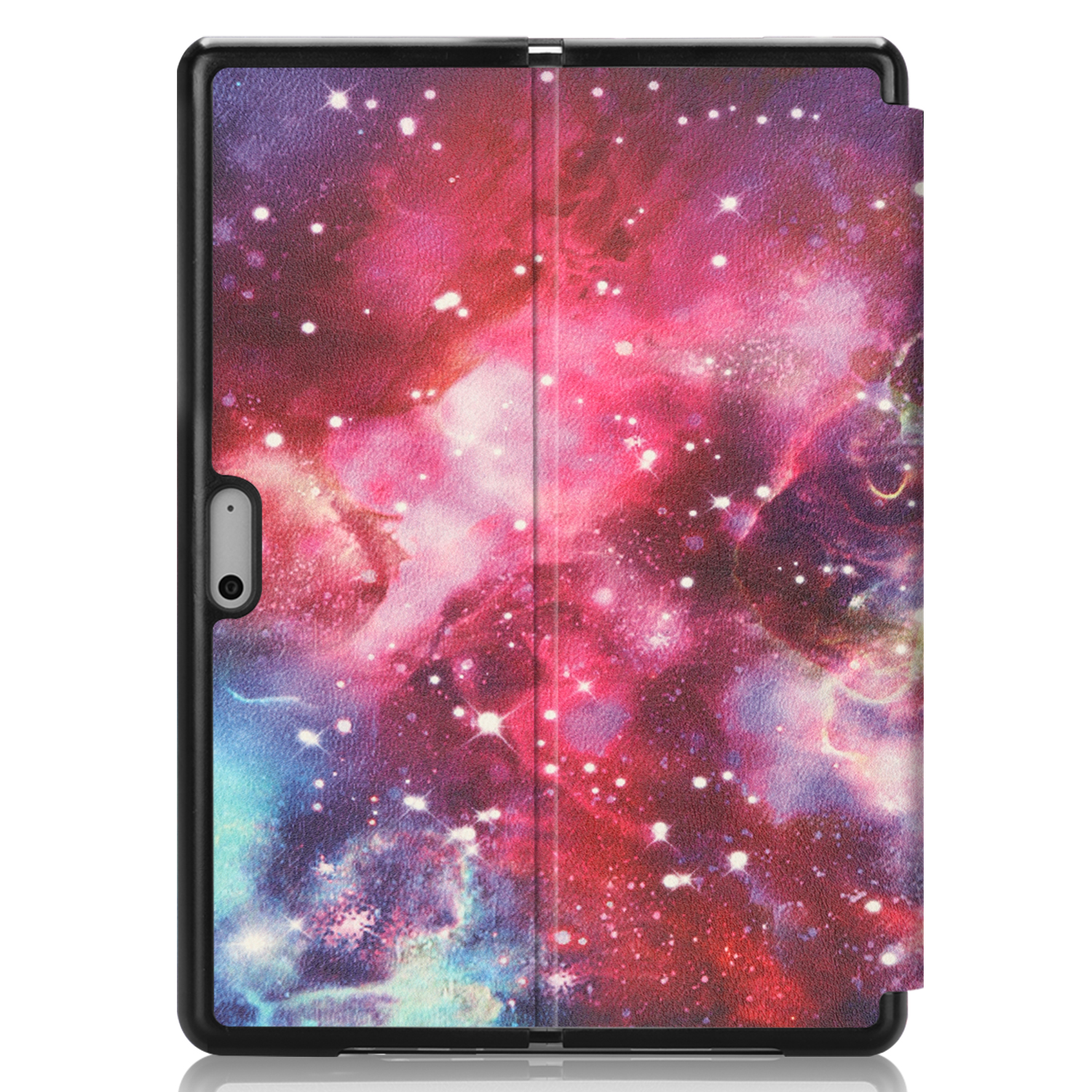 Eine Tablethülle mit farbenfrohem Galaxiedesign, schwarzem Rahmen und geschlossenem Deckel.