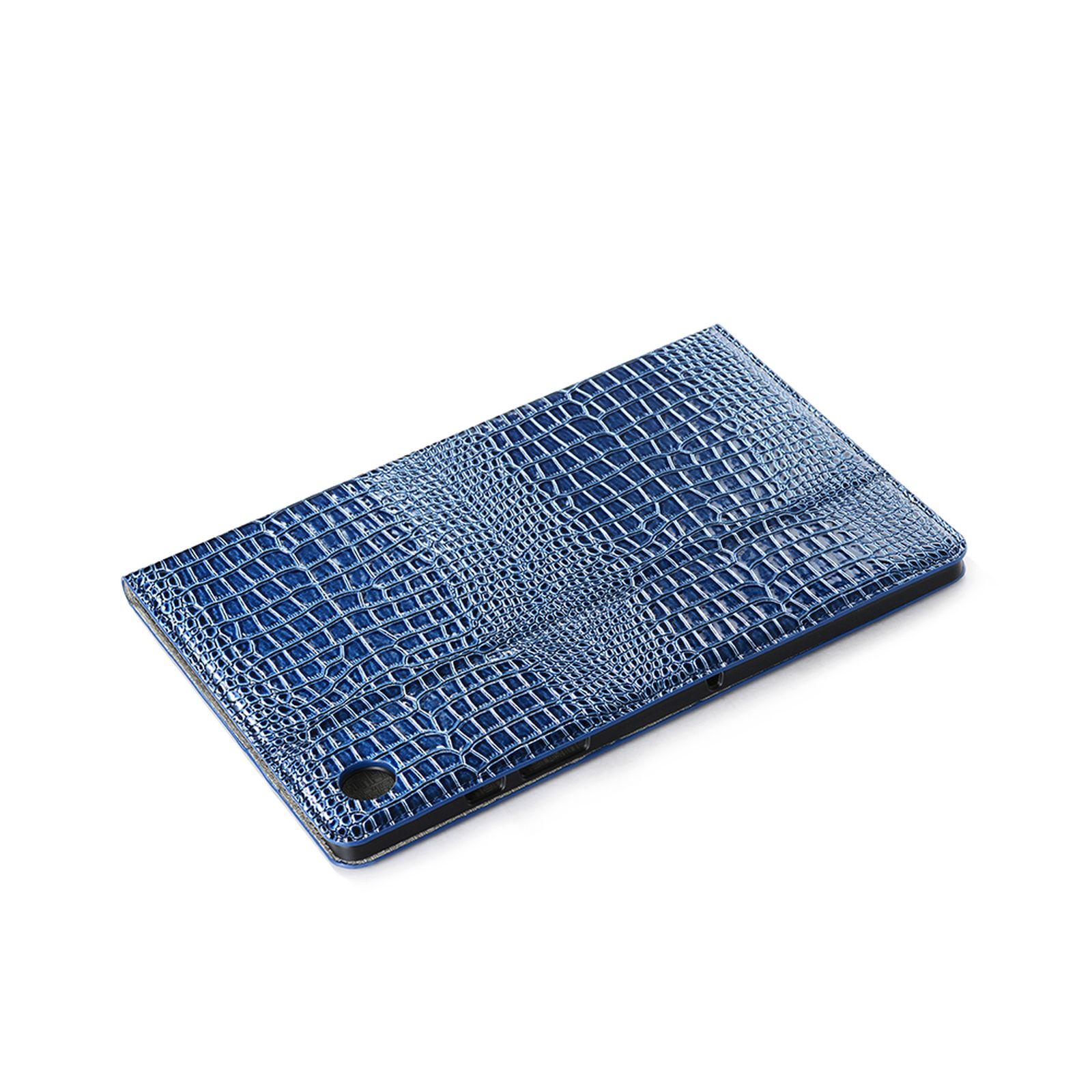 Eine blaue Tablethülle mit Krokodilhautmuster. Die Hülle ist geschlossen.