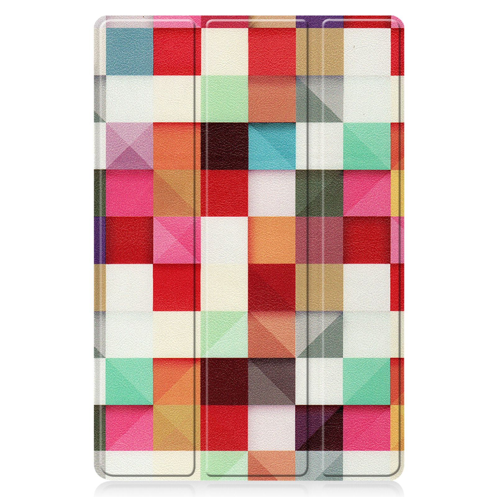 Eine Tablet-Hülle mit einem farbenfrohen Rasterdesign wird angezeigt.