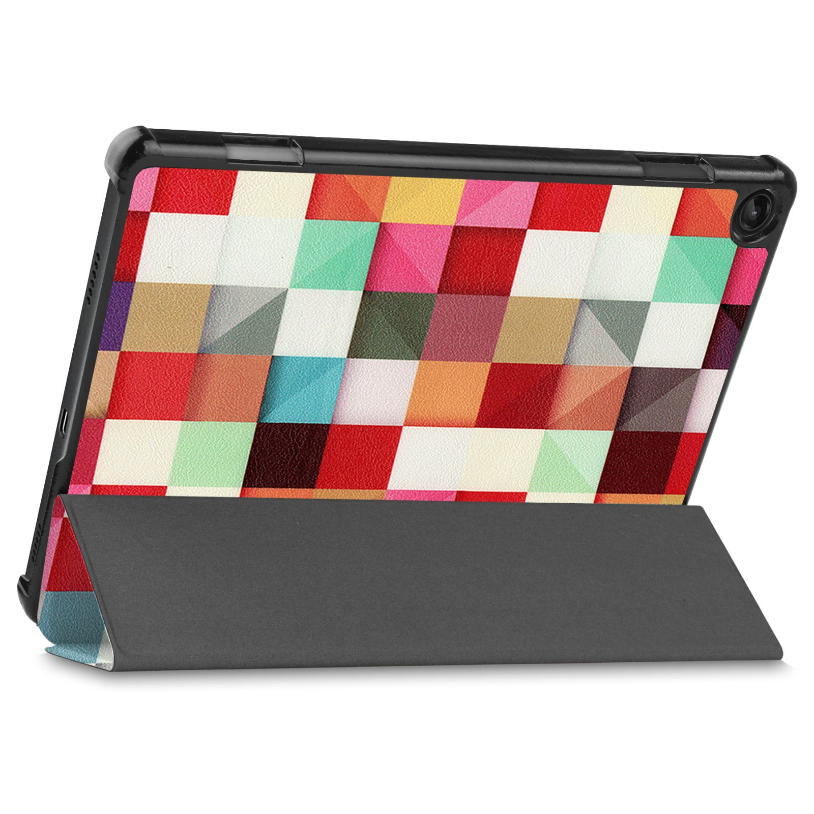 Tablet in einer Hülle mit geometrischem Muster. Die Hülle lässt sich zusammenfalten, um das Tablet aufzustellen.
