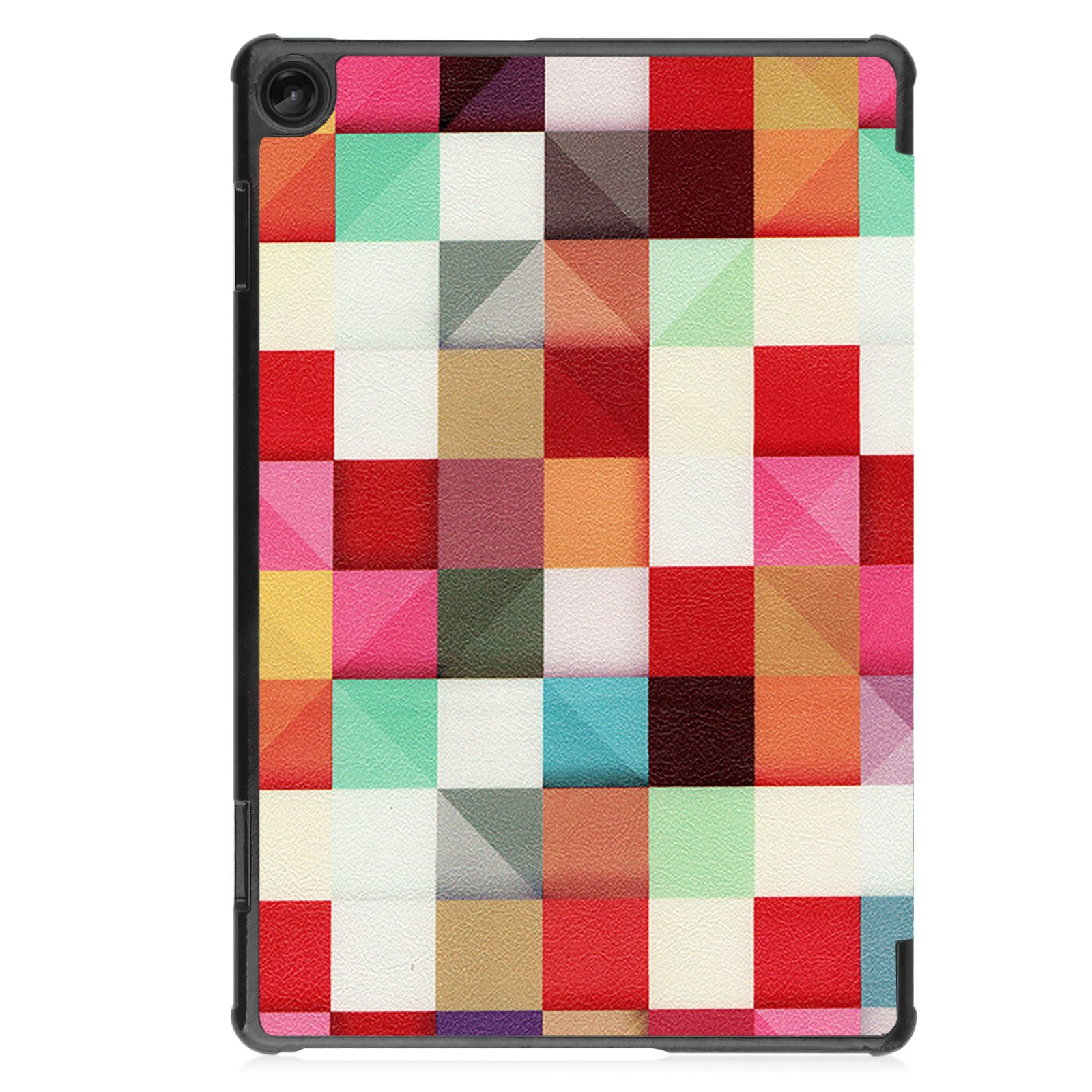 Tablethülle mit buntem geometrischem Muster. Quadrate aus Rot, Grün, Orange und Weiß.