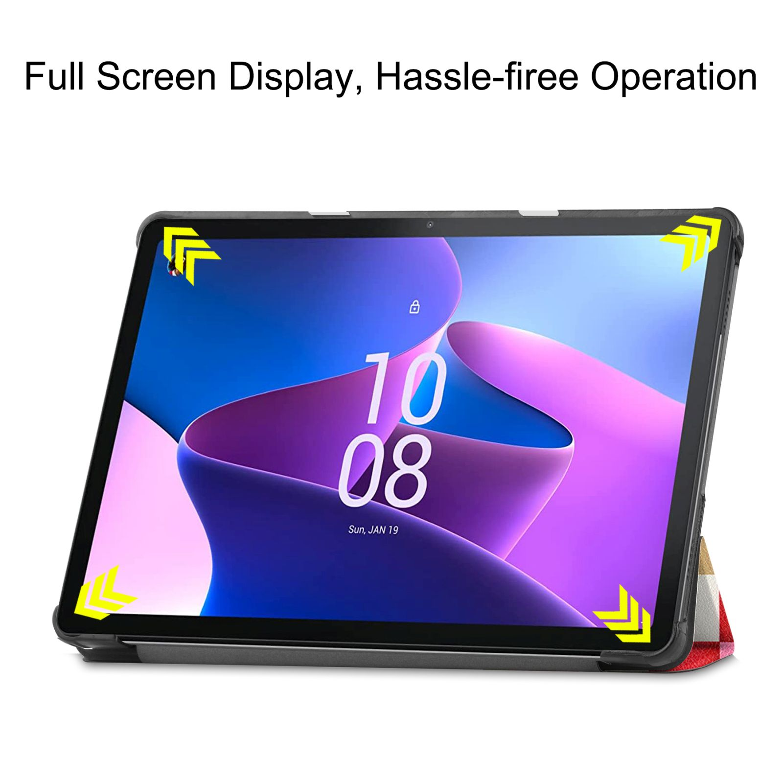 Tablet zeigt Bildschirm, Pfeile an Ecken, mit Hülle und Ständer, klare Anzeige.