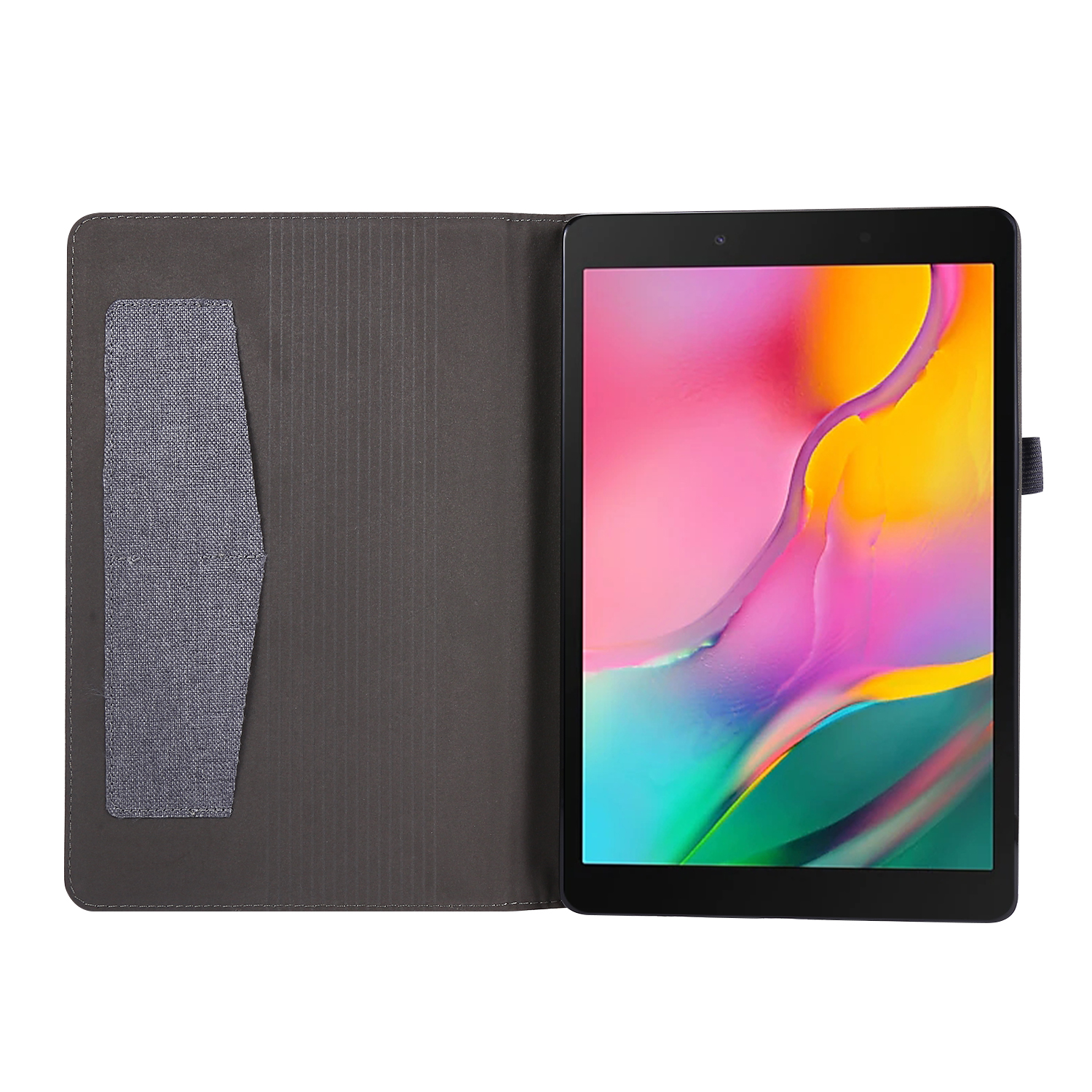 Tablet in grauer Hülle, geöffnet, um den Bildschirm zu zeigen. Hülle hat eine Kartentasche. Tablet ist schwarz.