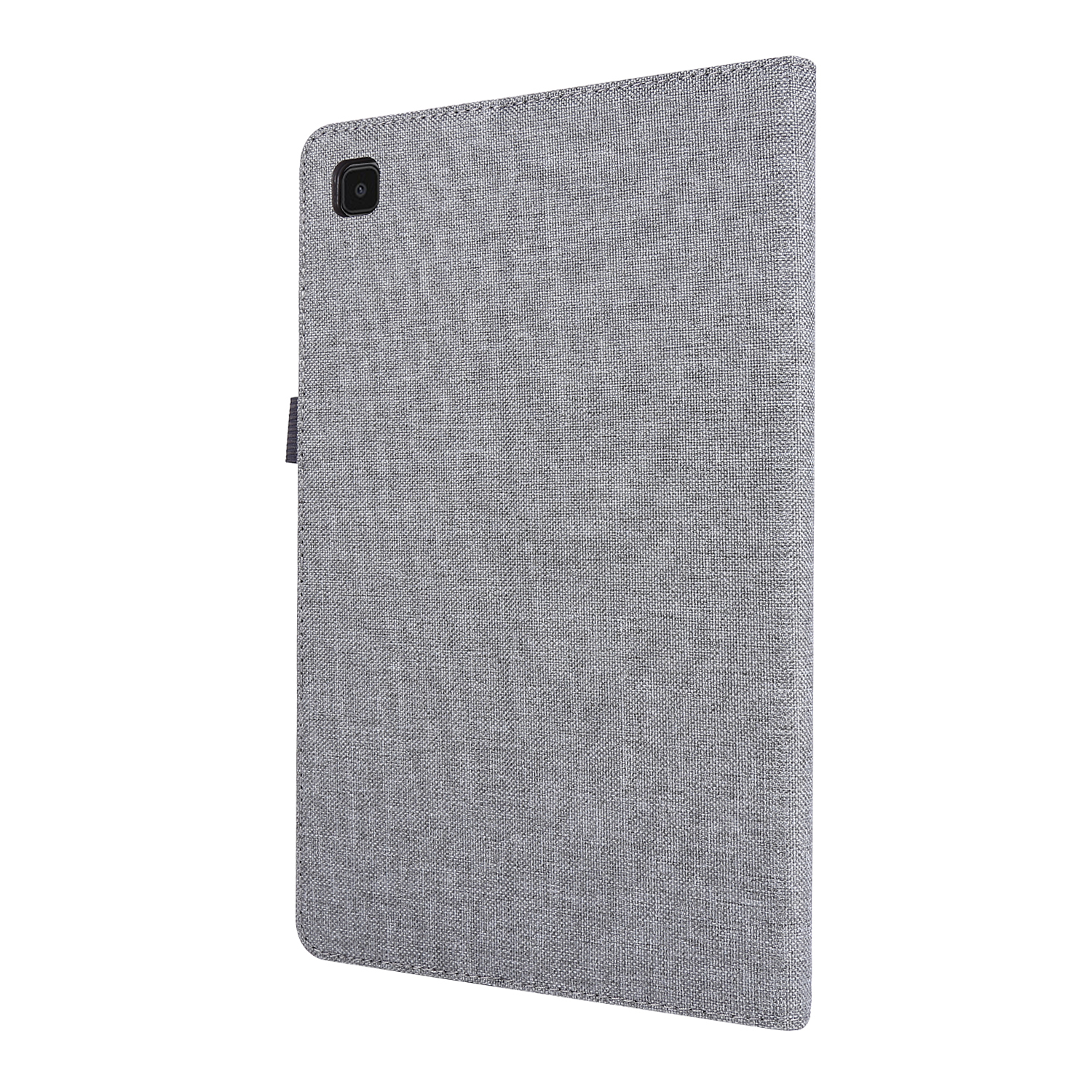 Eine graue Tablet-Hülle mit Kameraausschnitt und Stoffstruktur.