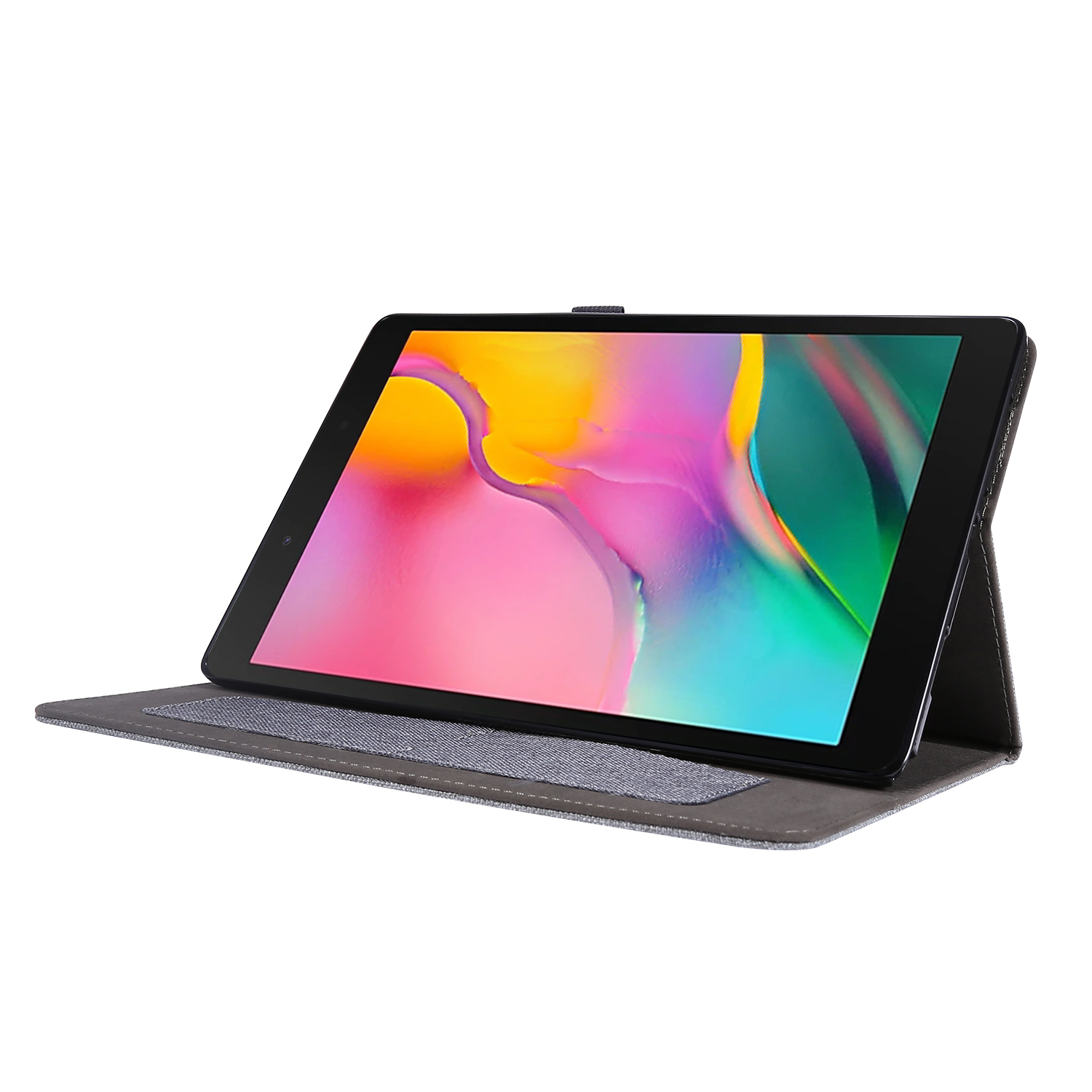 Tablet in einer Hülle. Das Tablet ist schwarz und die Hülle grau.