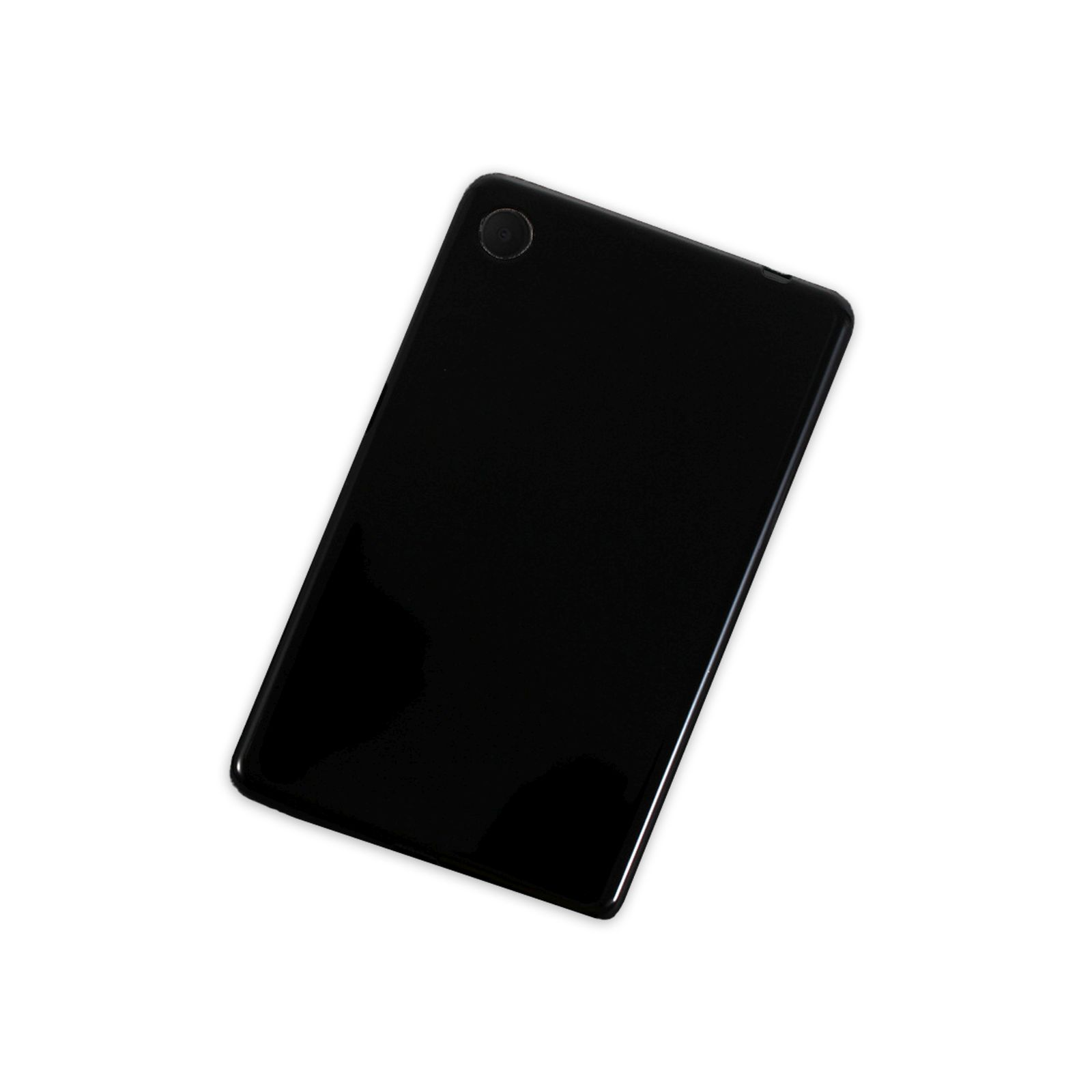 Schwarze Tablet-Rückseite. Kameralinse oben. Weißer Hintergrund.