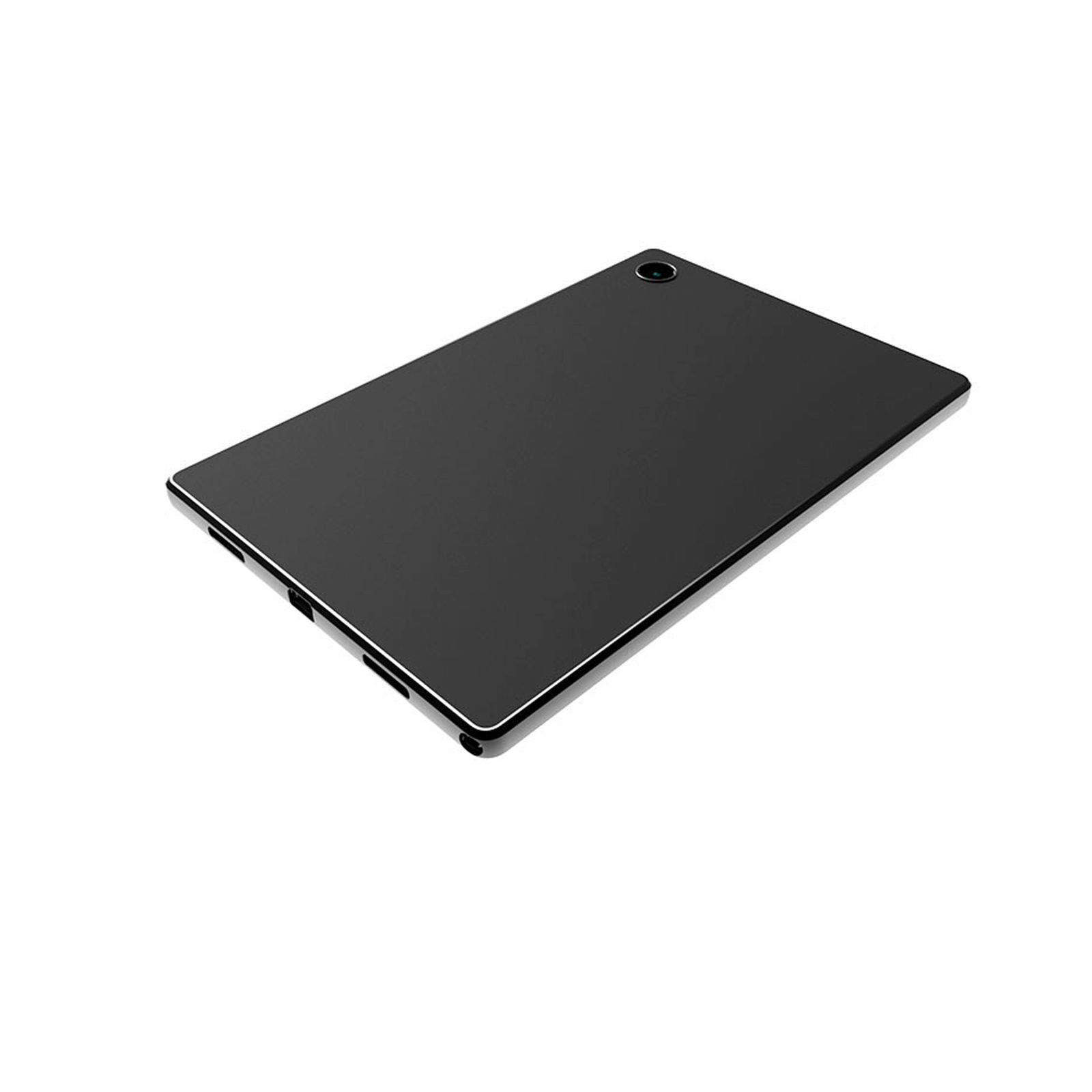 Schwarzes Tablet auf weißer Oberfläche. Einfaches Design, Winkelansicht, mit Kameraobjektiv.