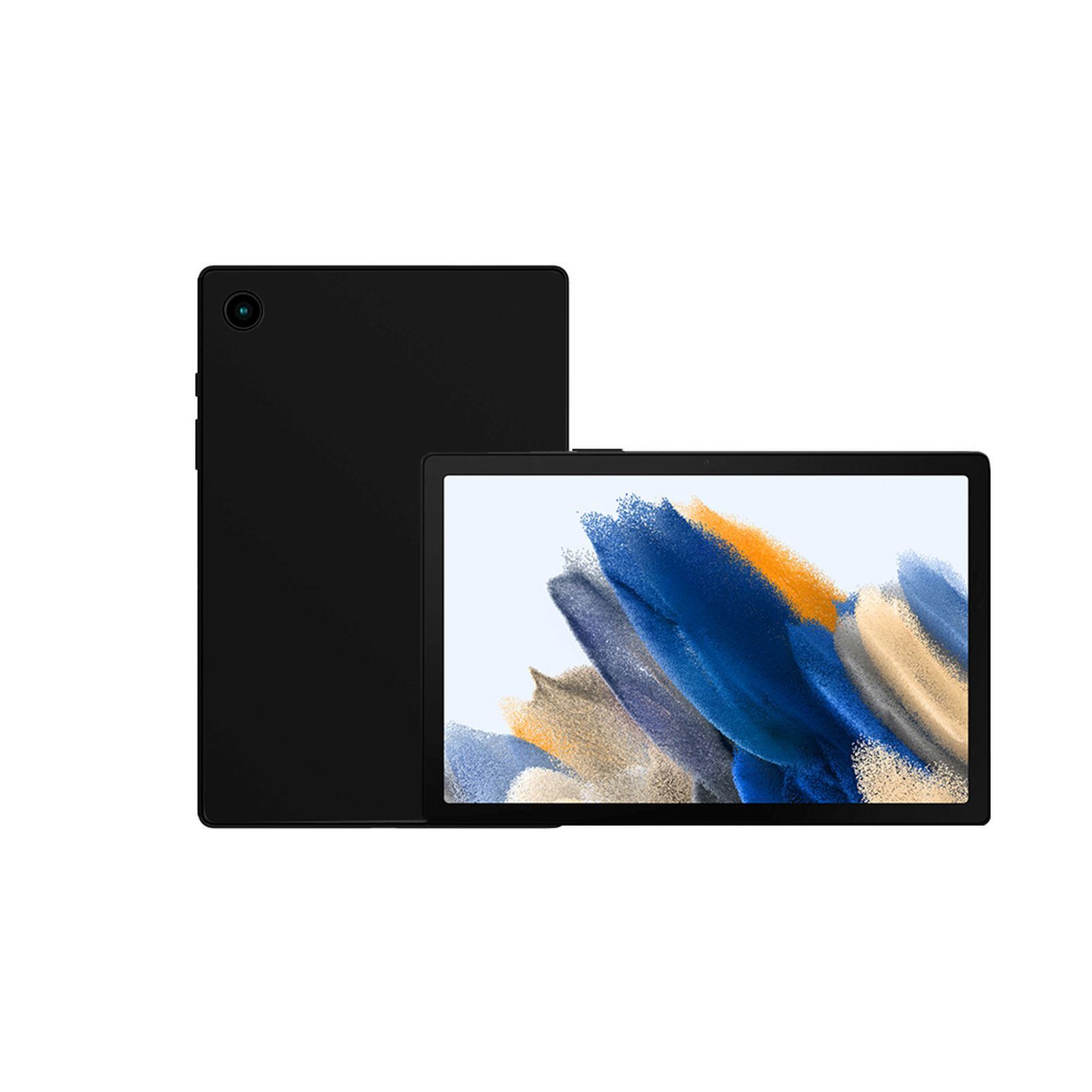 Schwarzes Tablet mit schwarzer Rückseite und einem Bildschirm, der ein farbenfrohes Bild anzeigt. Das Tablet liegt auf weißem Untergrund.