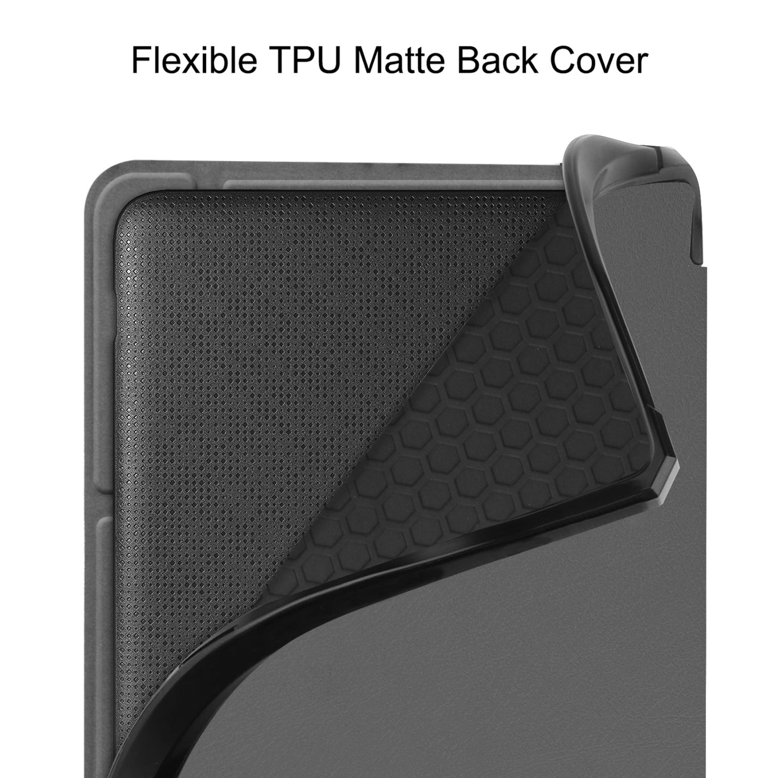 Tablethülle, Innendetail. Grau und Schwarz. Flexibles TPU-Mattmaterial.