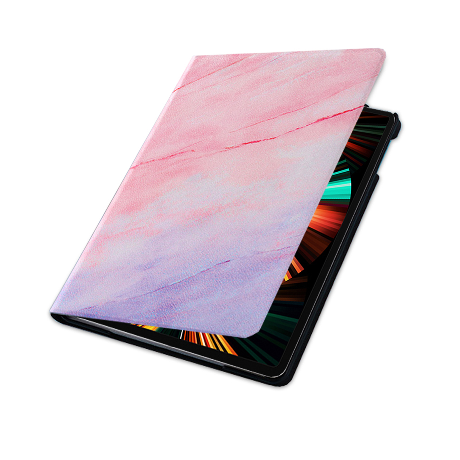 Ein Tablet mit geöffneter, pink-weiß marmorierter Hülle, die den Tablet-Bildschirm freigibt.