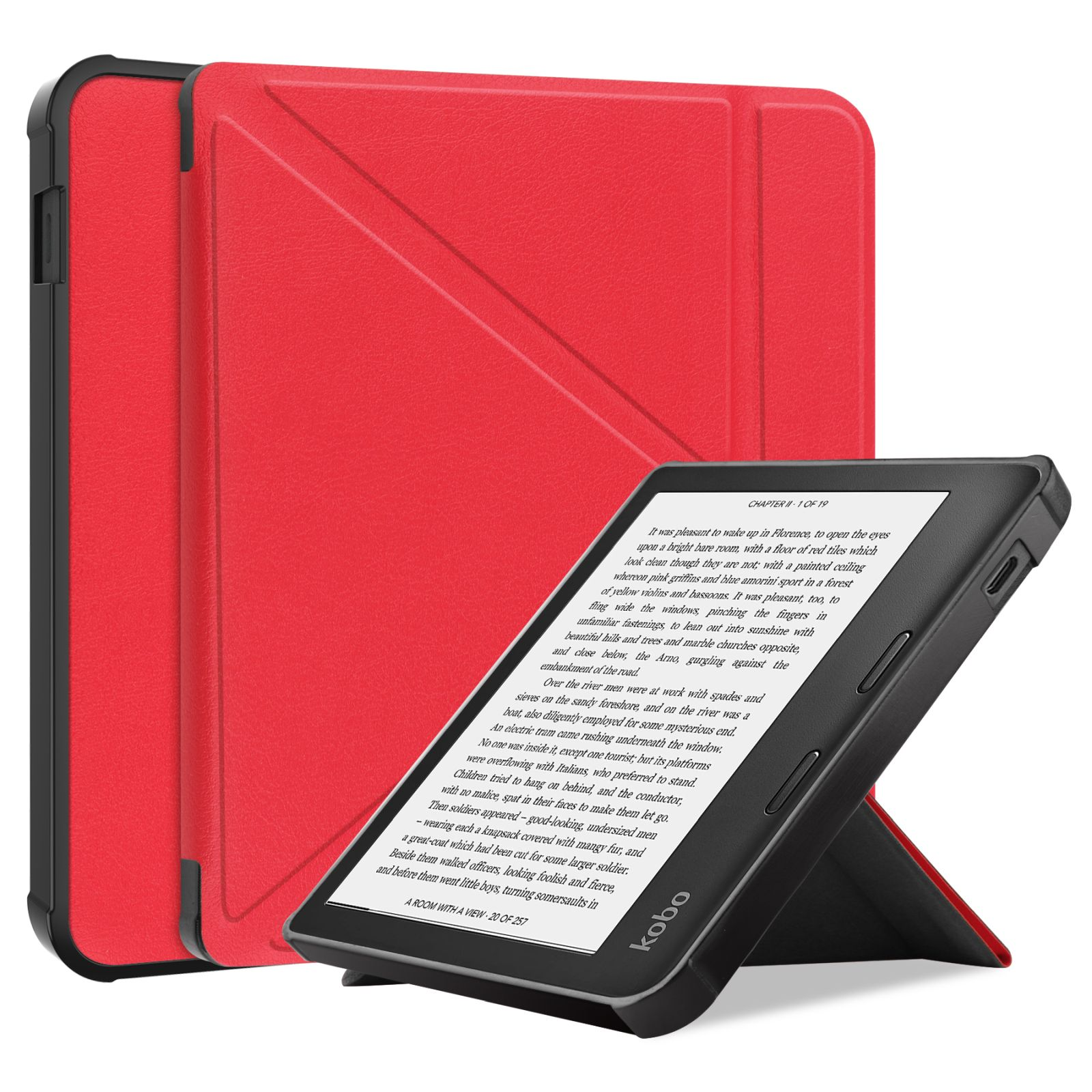 E-Reader mit schwarzem Rahmen und roter Hülle. Bildschirm zeigt Text aus einem Buch.