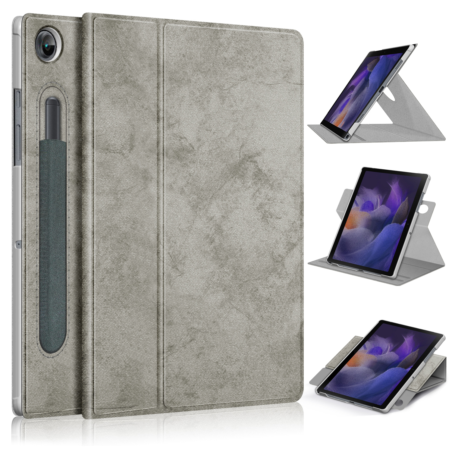 Graue Tablet-Hülle mit Stifthalter und Tablet in drei verschiedenen Winkelpositionen.