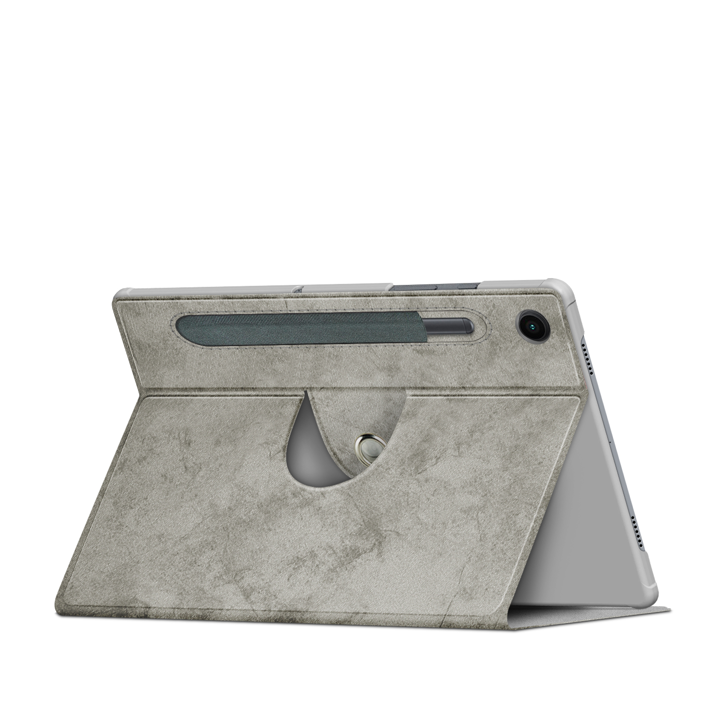 Tablet in grauem Etui, hochgestellt. Stift ist befestigt. Weißer Hintergrund.