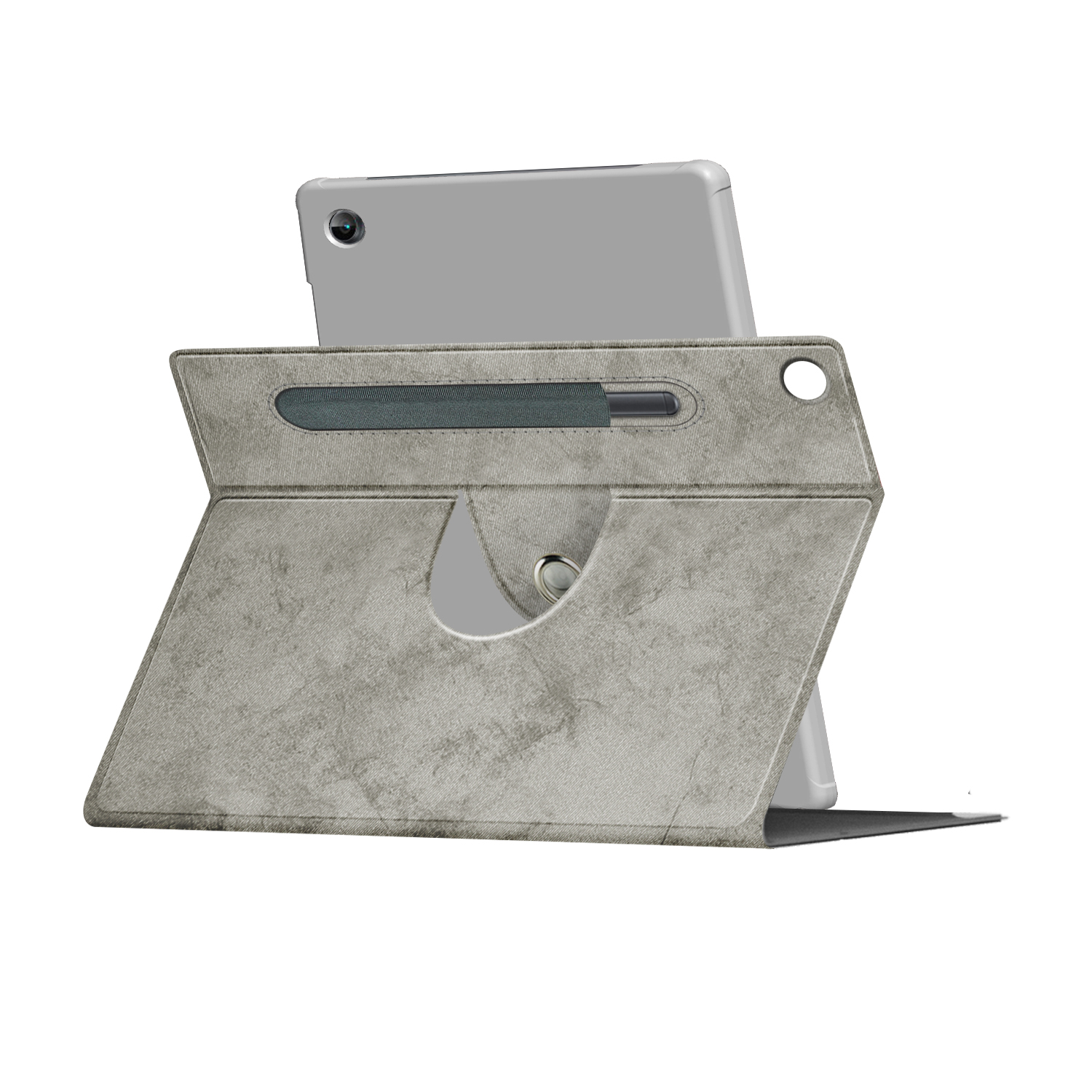 Ein Tablet in einem Case. Das Case ist grau, mit Stifthalter. Das Tablet steht.