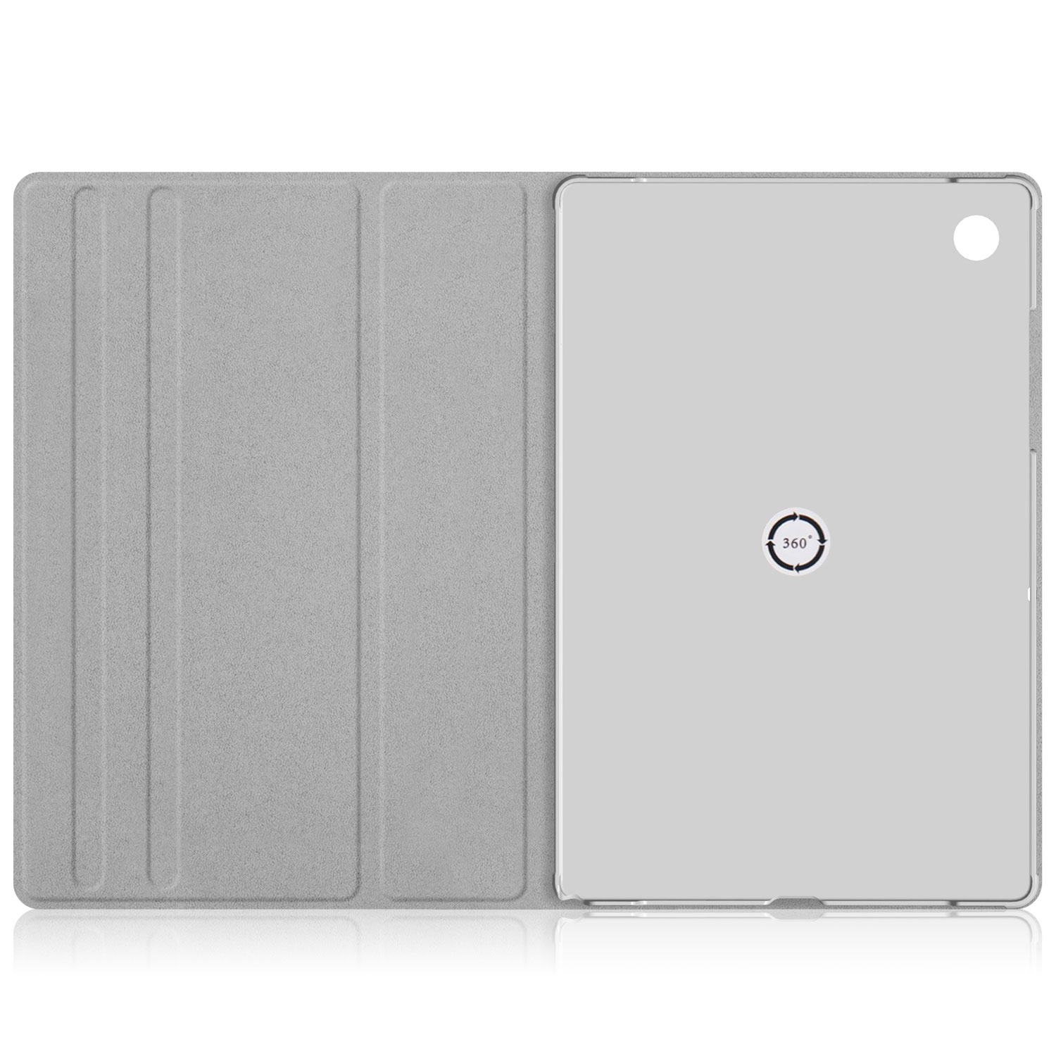 Graue Tablet-Hülle, offen, zeigt das Tablet innen, mit einer 360-Grad-Markierung.