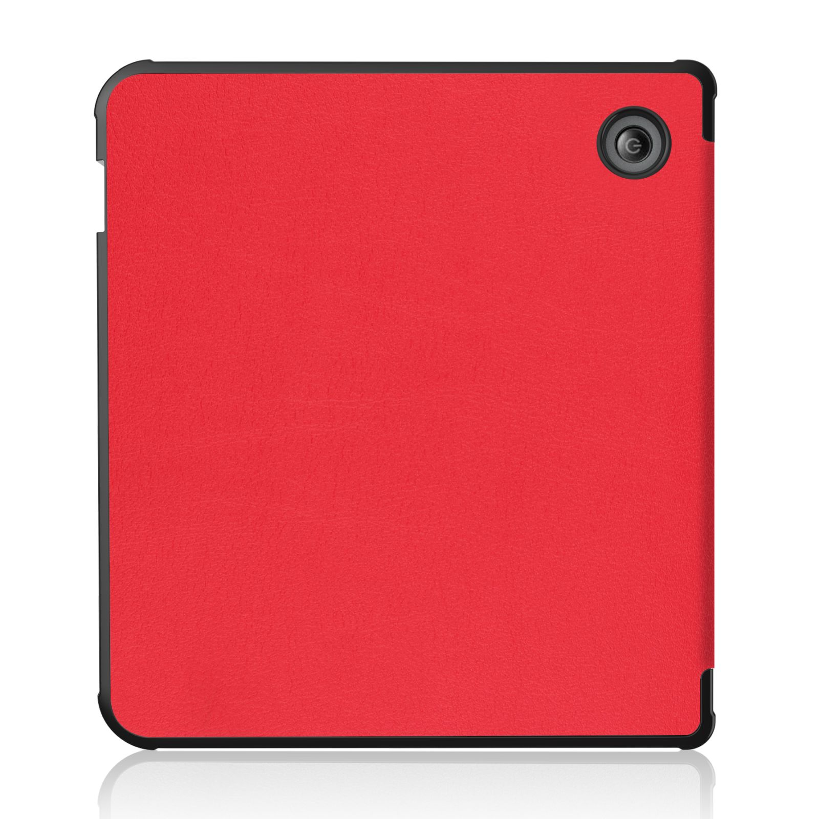 Rote Tablet-Hülle mit schwarzem Rand, schlichtem Design und einem Kamera Loch.