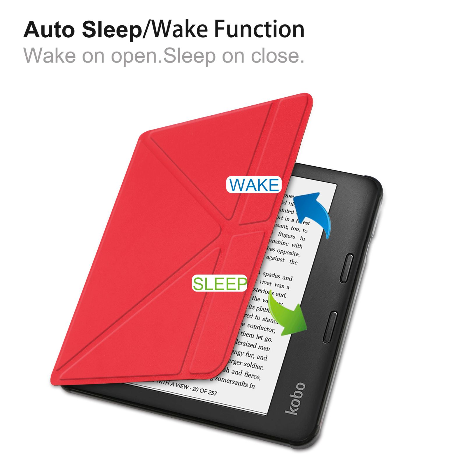 Ein Kobo E-Reader ist geöffnet, mit roter Abdeckung. Pfeile zeigen 'Wake' und 'Sleep' Funktionen.