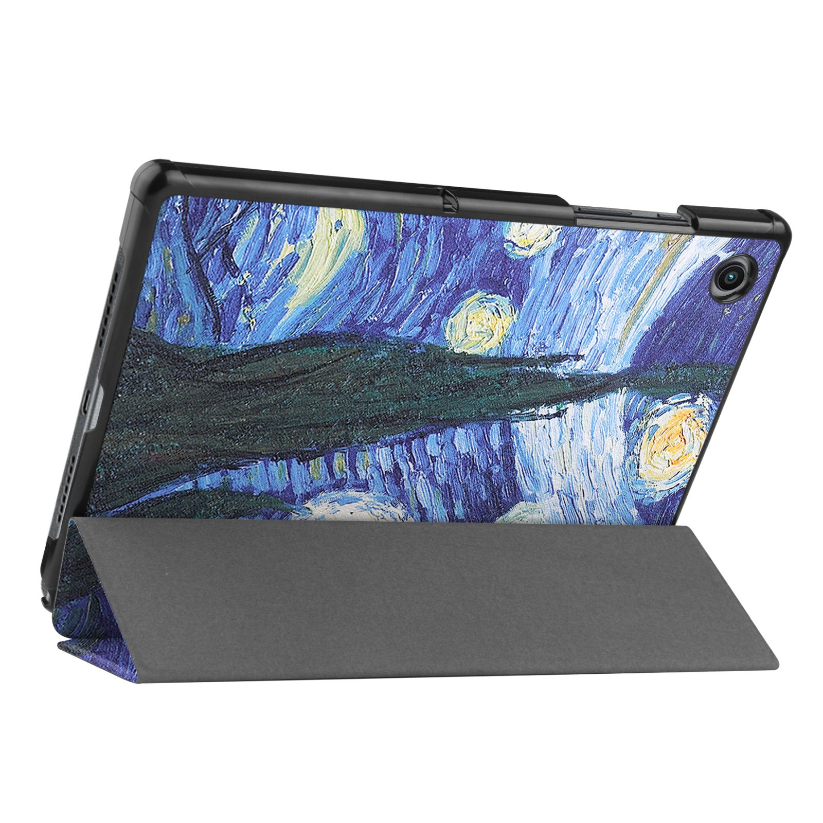 Eine Tablet-Hülle mit einer Abdeckung, die ein Kunstwerk im Stil von Van Gogh zeigt, wird angezeigt.