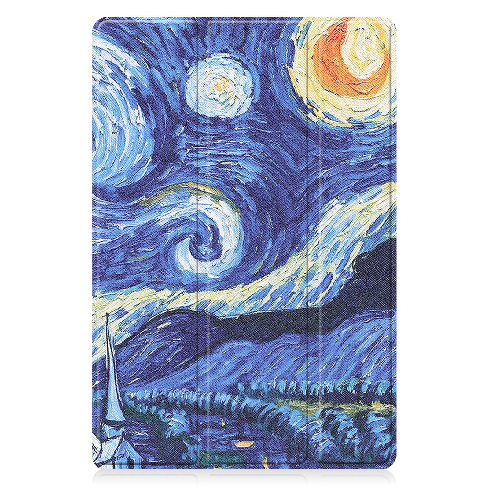 Tablethülle mit Van Goghs Sternennacht. Die Hülle ist geöffnet und zeigt das Kunstwerk.