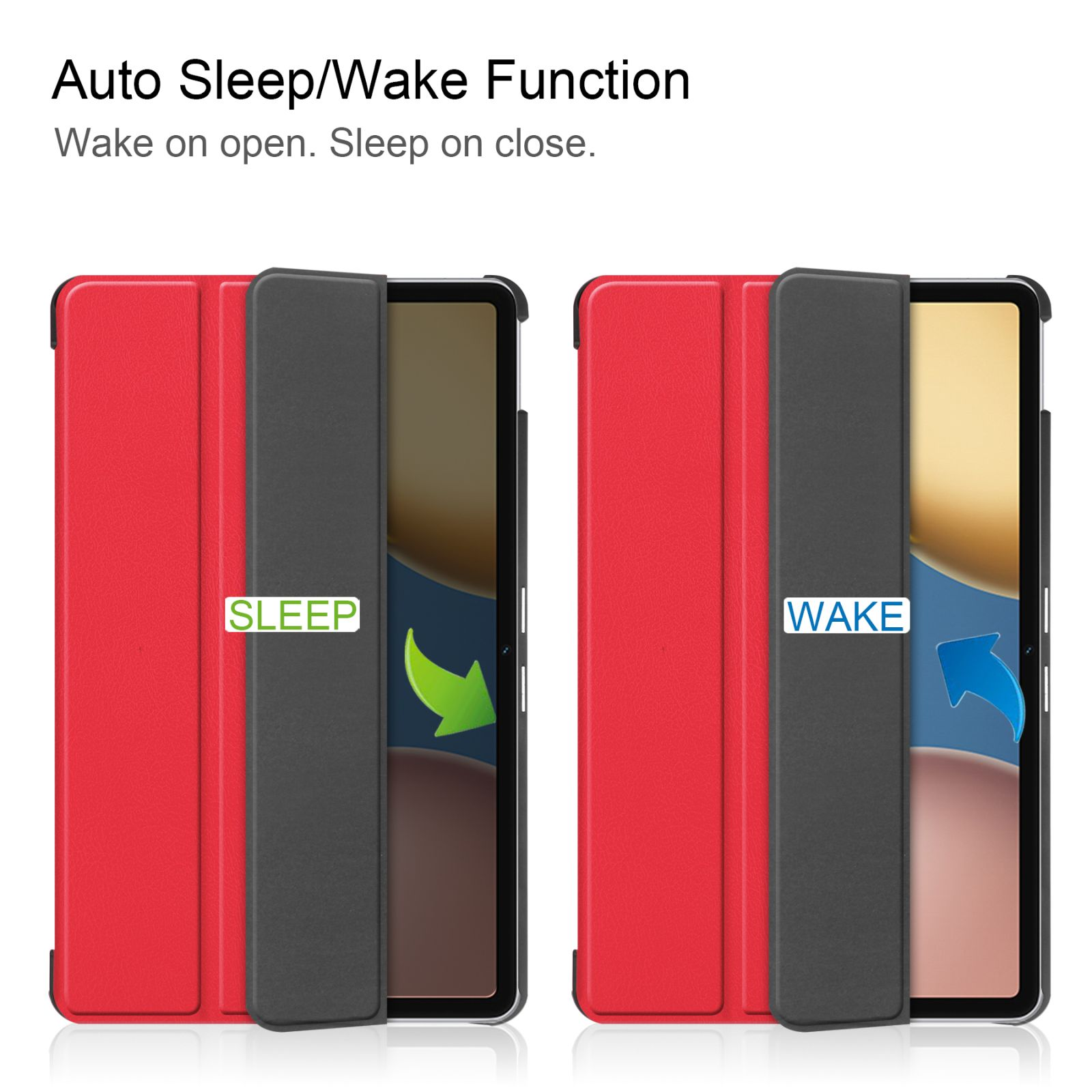 Eine Tablet-Hülle, geöffnet und geschlossen, mit den Wörtern „Sleep“ und „Wake“ auf dem Bildschirm.