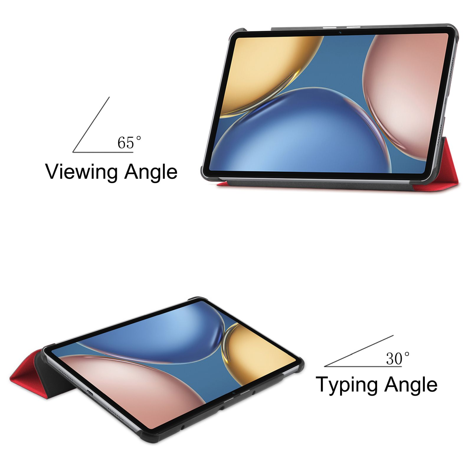Ein iPad in einem Gehäuse mit Anzeige von Betrachtungs- und Tippwinkeln.