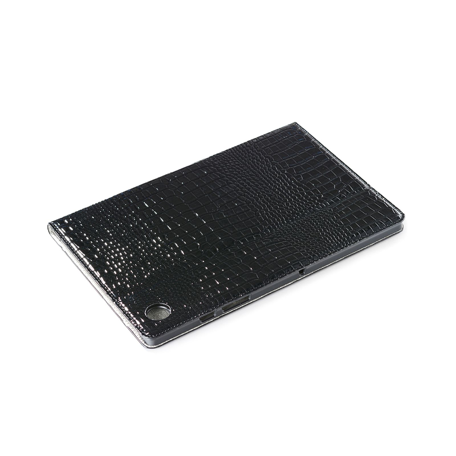 Schwarze, strukturierte Tablet-Hülle, die Krokodilleder ähnelt, auf weißem Hintergrund.