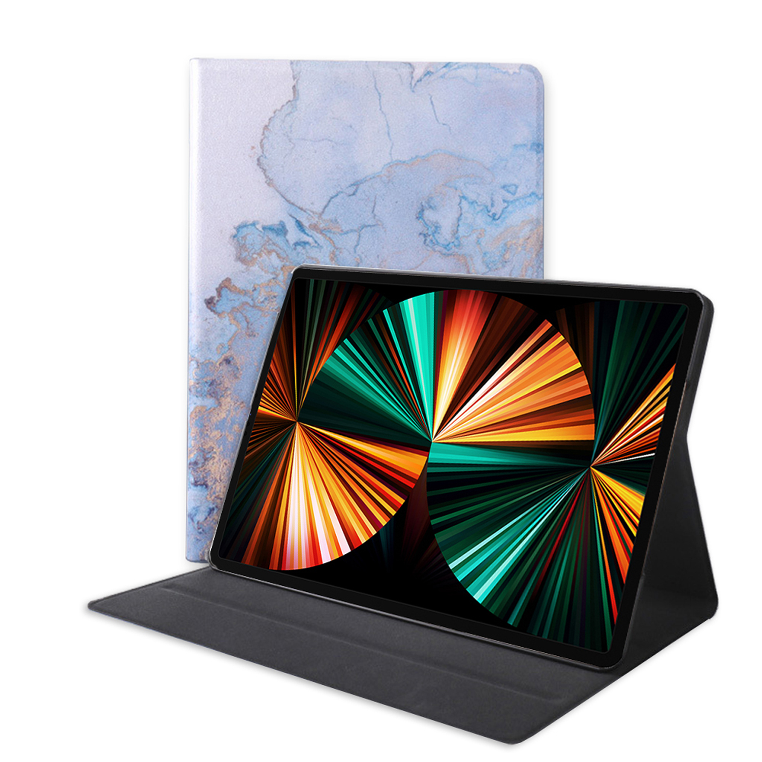 Tablet in einer Hülle mit Marmormuster. Das Tablet zeigt ein farbenfrohes abstraktes Design.