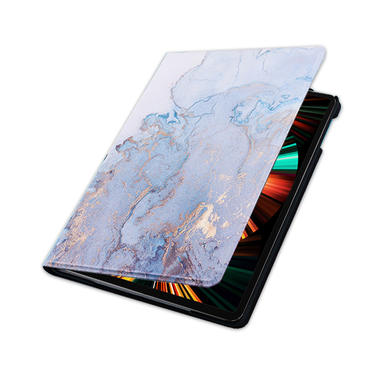 Tablethülle, offen, mit Marmordesign und dem schwarzen Tablet. Marmor ist blau und gold.