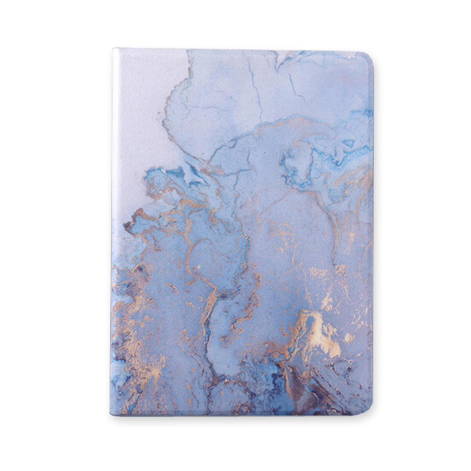 Tablethülle mit blau-goldfarbenem Marmordesign auf weißem Hintergrund.