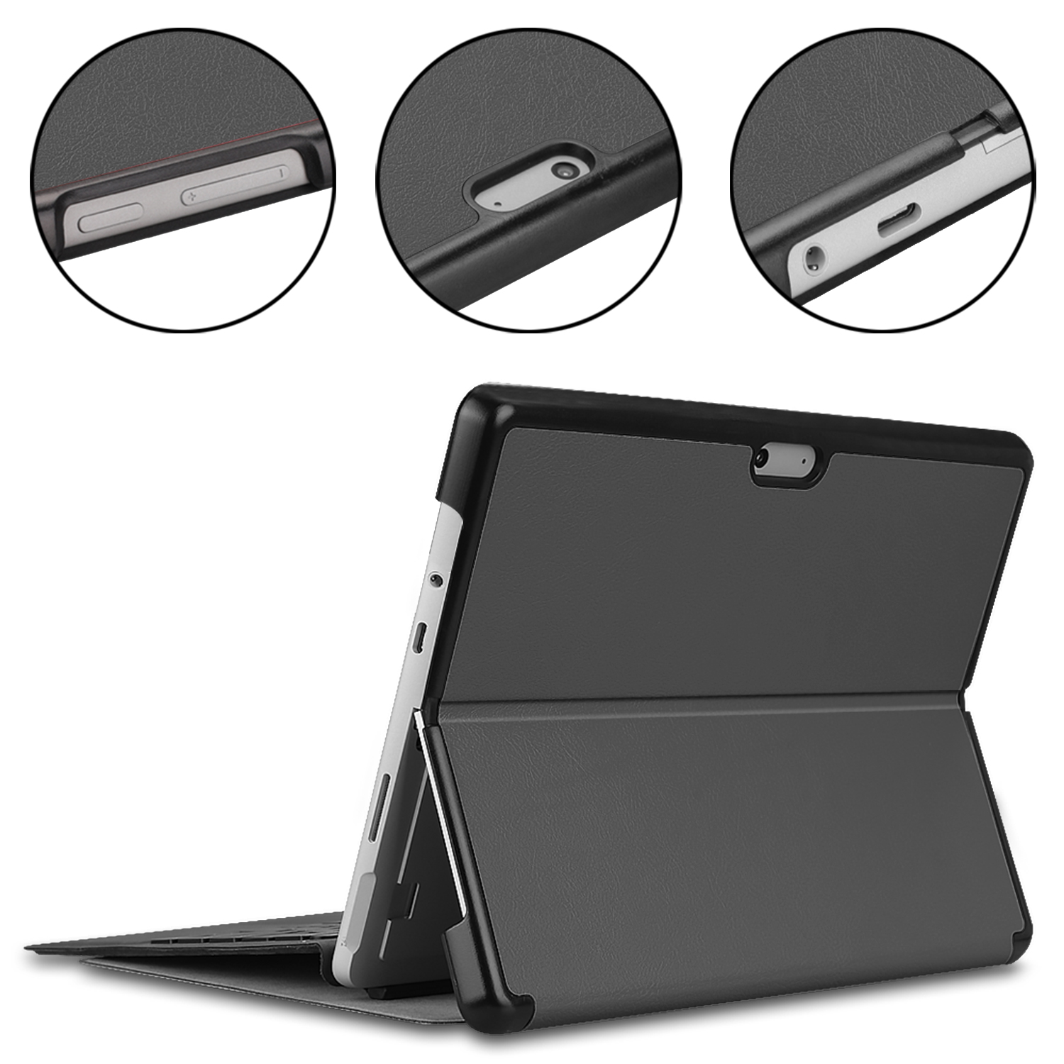 Tablet in schwarzer Hülle. Zeigt Seite, Oberseite und Anschluss mit einem Ständer zum Tippen.